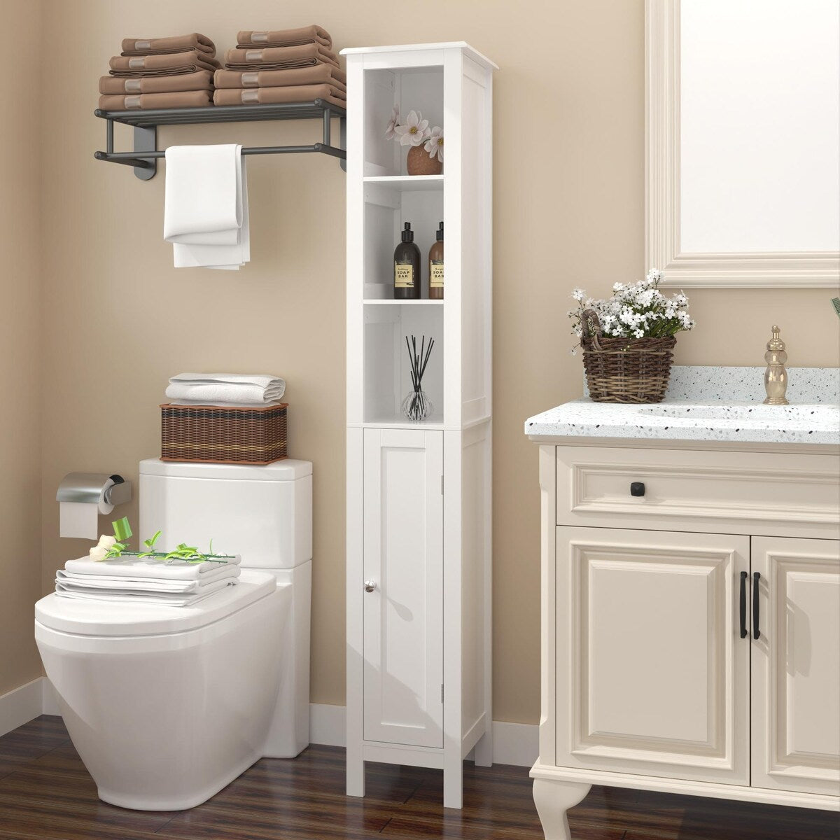 67" Tall Bathroom Storage Cabinet with Adjustable Shelves 1 Doors Freestanding Cabinet with Anti-Tip Open compartments in White
