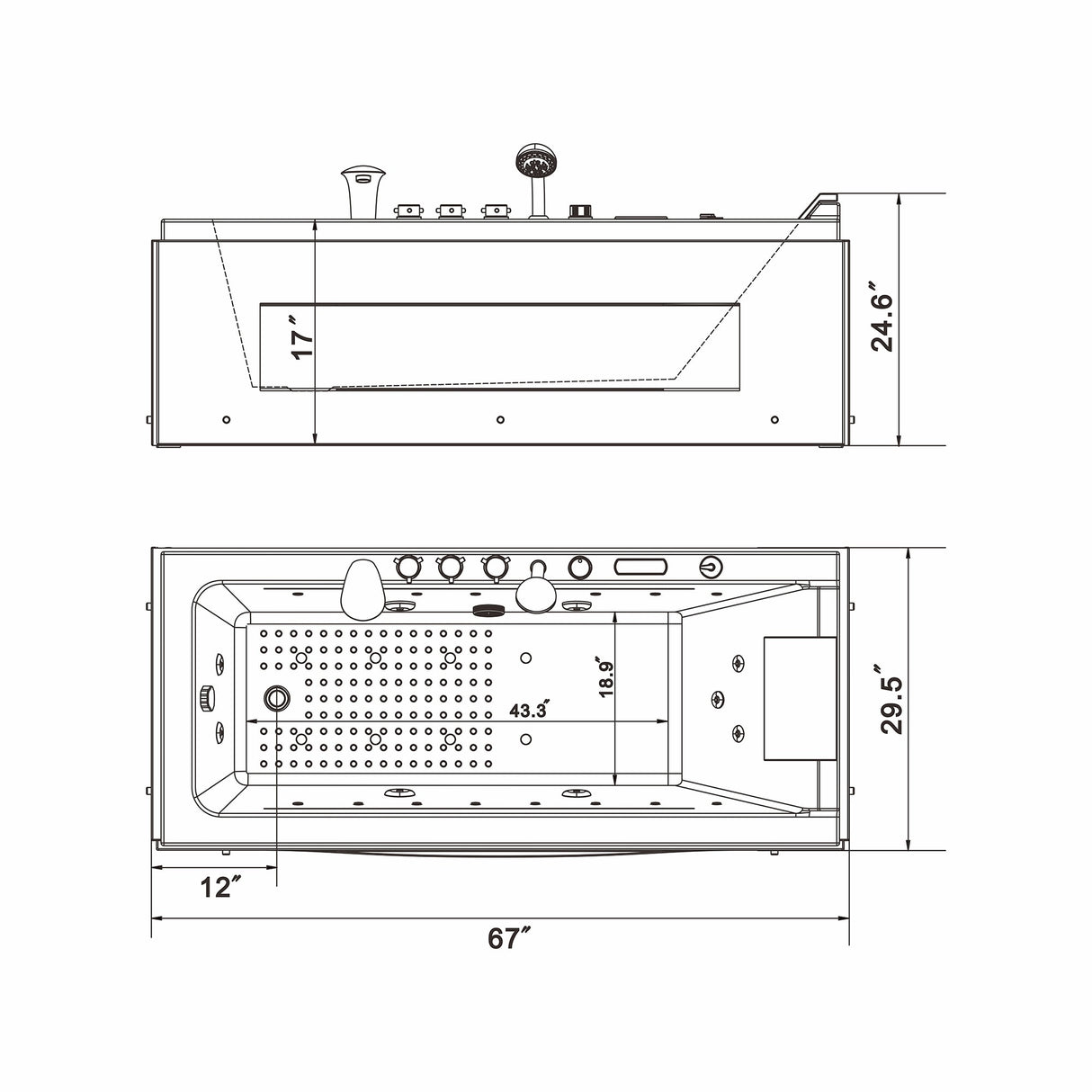 67" X 30" Acrylic Rectangle Whirlpool Bathtub - 9 Water Jets - 8 Air Jets - Led Lights - Left Side Drain - 3-Side Alcove Install