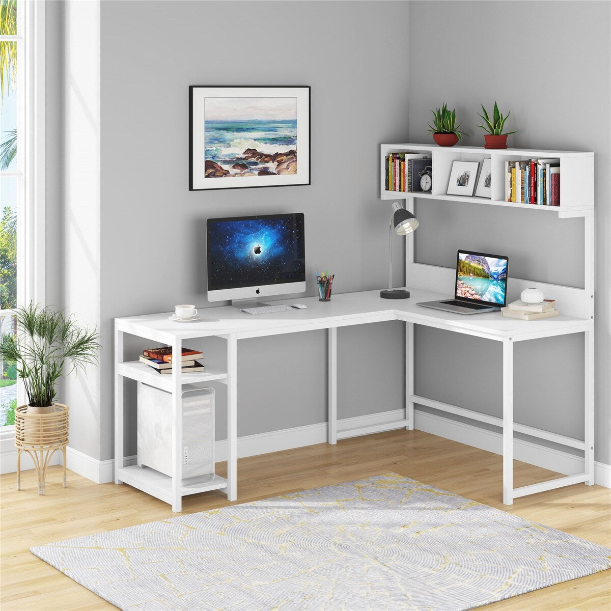 68 Inches Corner Computer Desk, L-Shaped Desk with Hutch