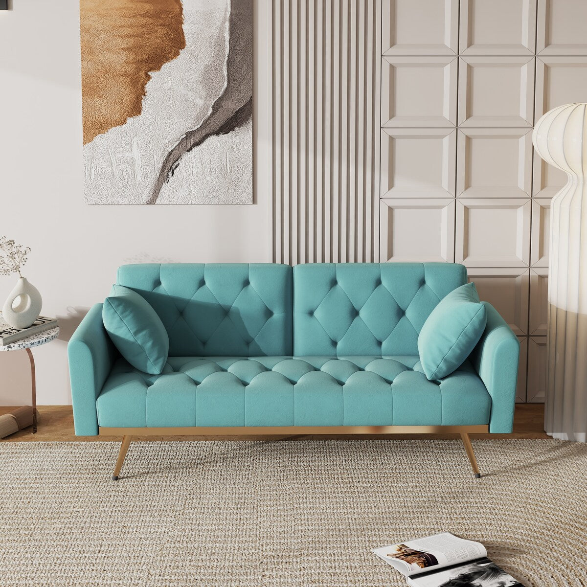 68.3"Velvet Nail Head Sofa Bed with Throw Pillow and Midfoot for Living Room