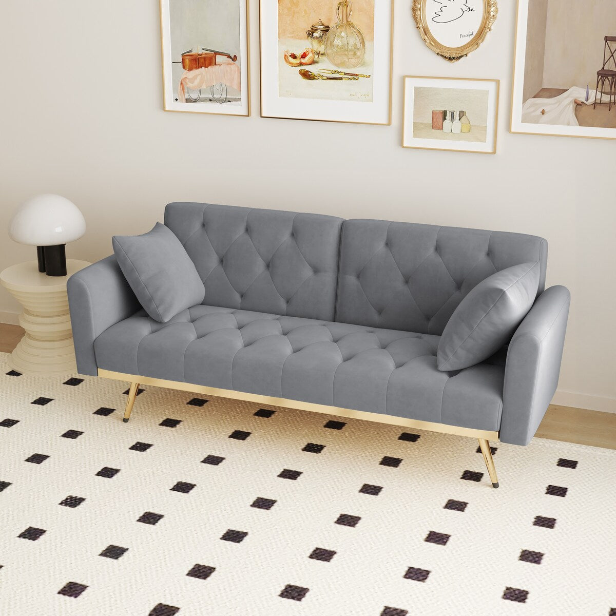 68.3"Velvet Nail Head Sofa Bed with Throw Pillow and Midfoot for Living Room