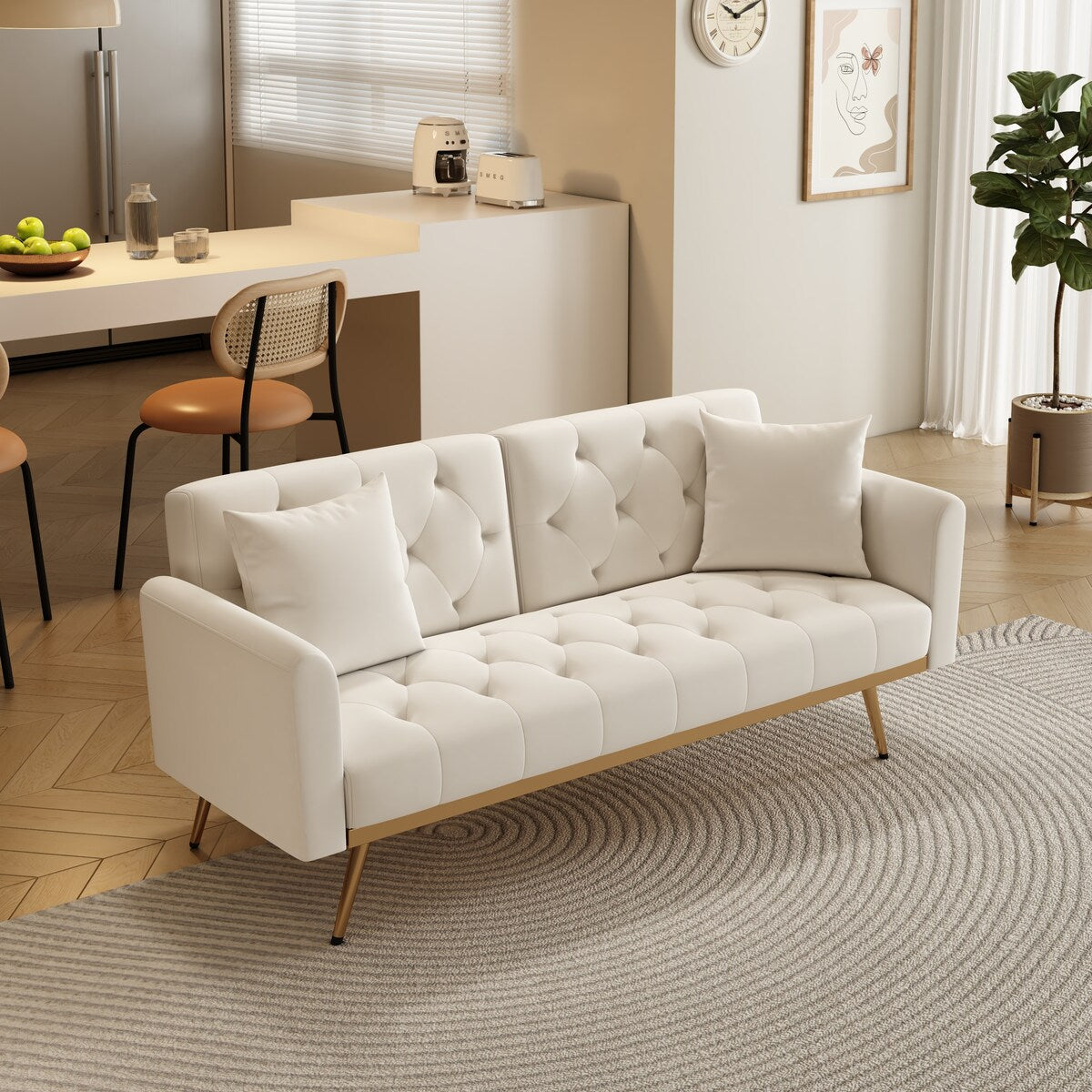 68.3"Velvet Nail Head Sofa Bed with Throw Pillow and Midfoot for Living Room