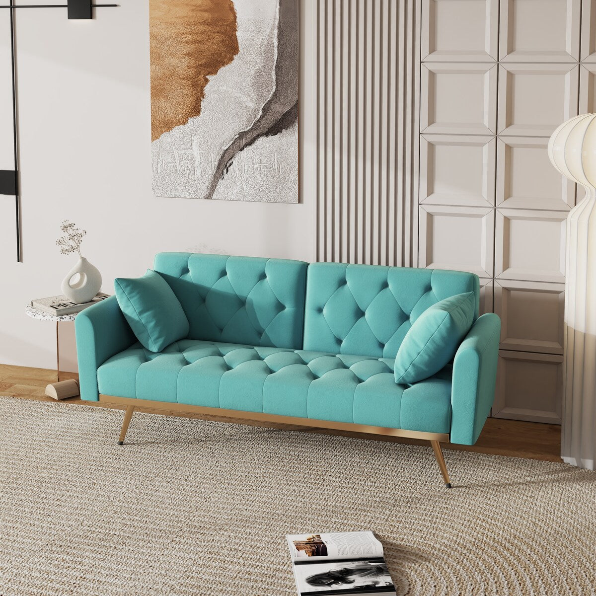 68.3"Velvet Nail Head Sofa Bed with Throw Pillow and Midfoot for Living Room