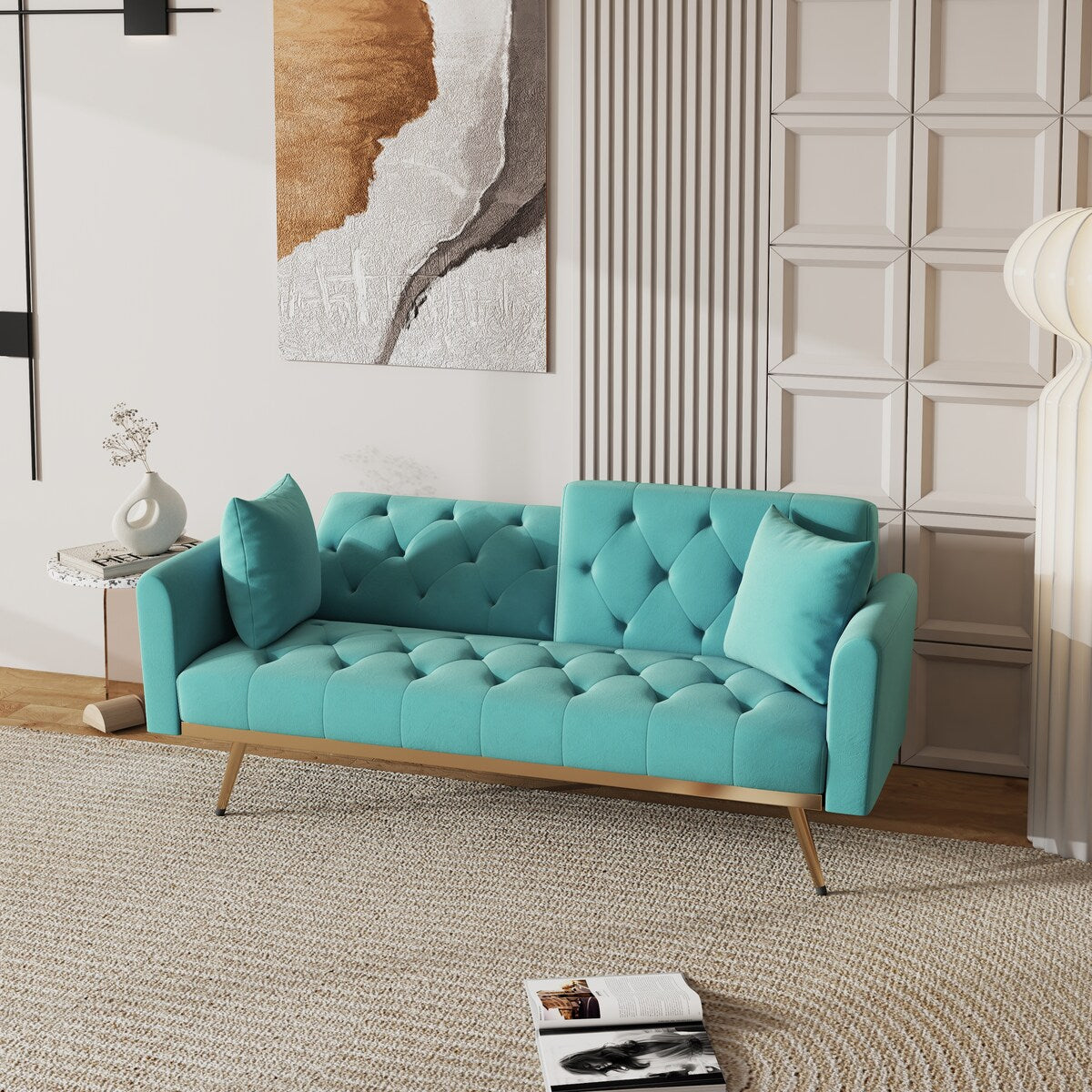 68.3"Velvet Nail Head Sofa Bed with Throw Pillow and Midfoot for Living Room