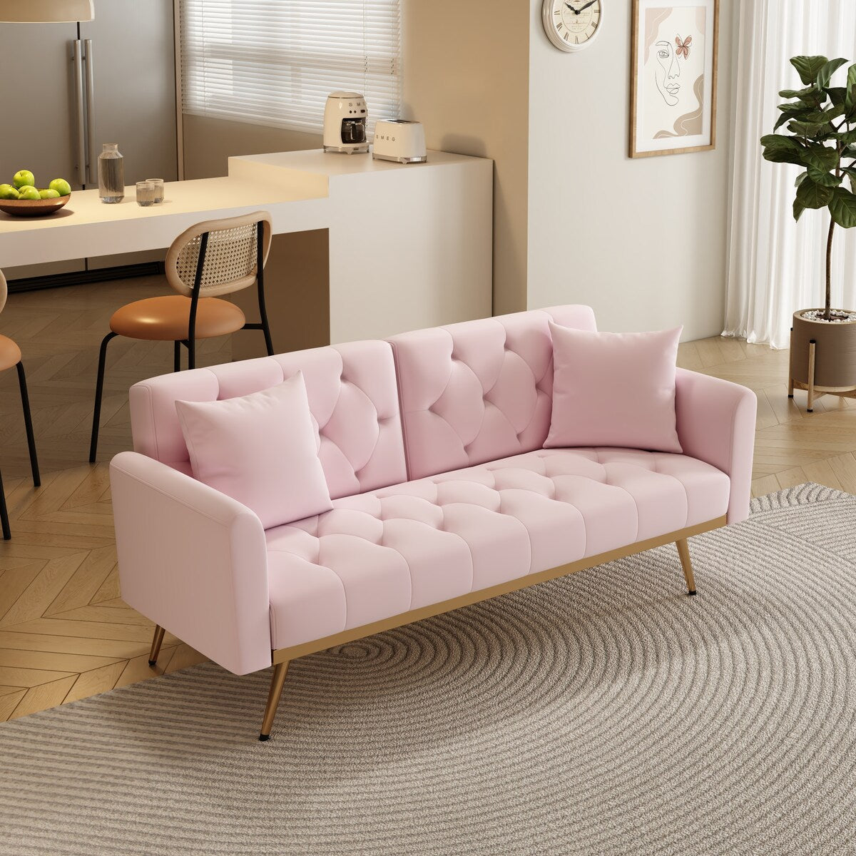 68.3"Velvet Nail Head Sofa Bed with Throw Pillow and Midfoot for Living Room