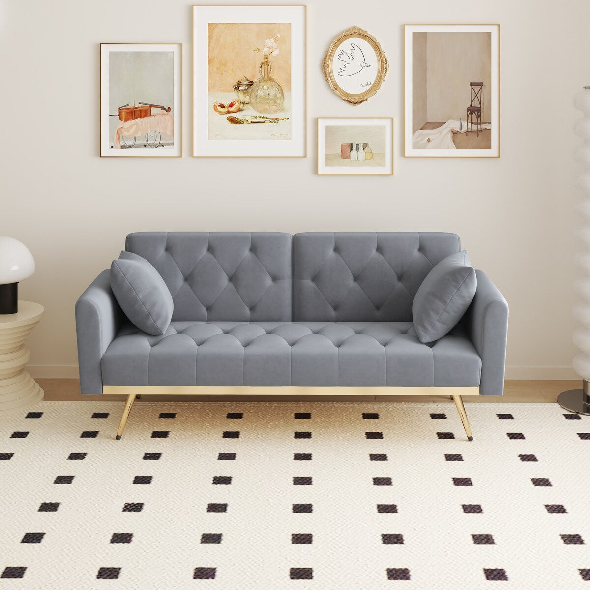 68.3"Velvet Nail Head Sofa Bed with Throw Pillow and Midfoot for Living Room