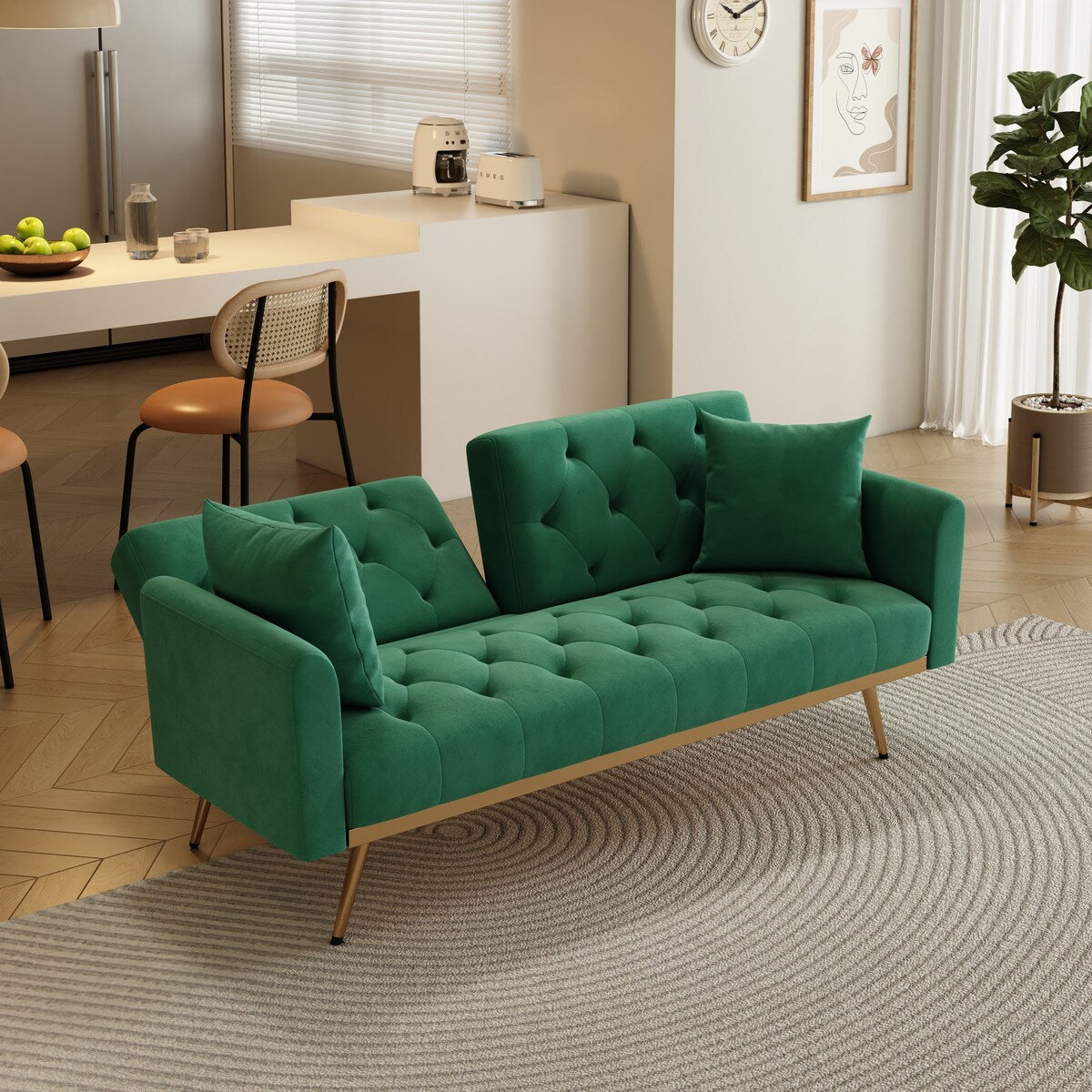 68.3"Velvet Nail Head Sofa Bed with Throw Pillow and Midfoot for Living Room