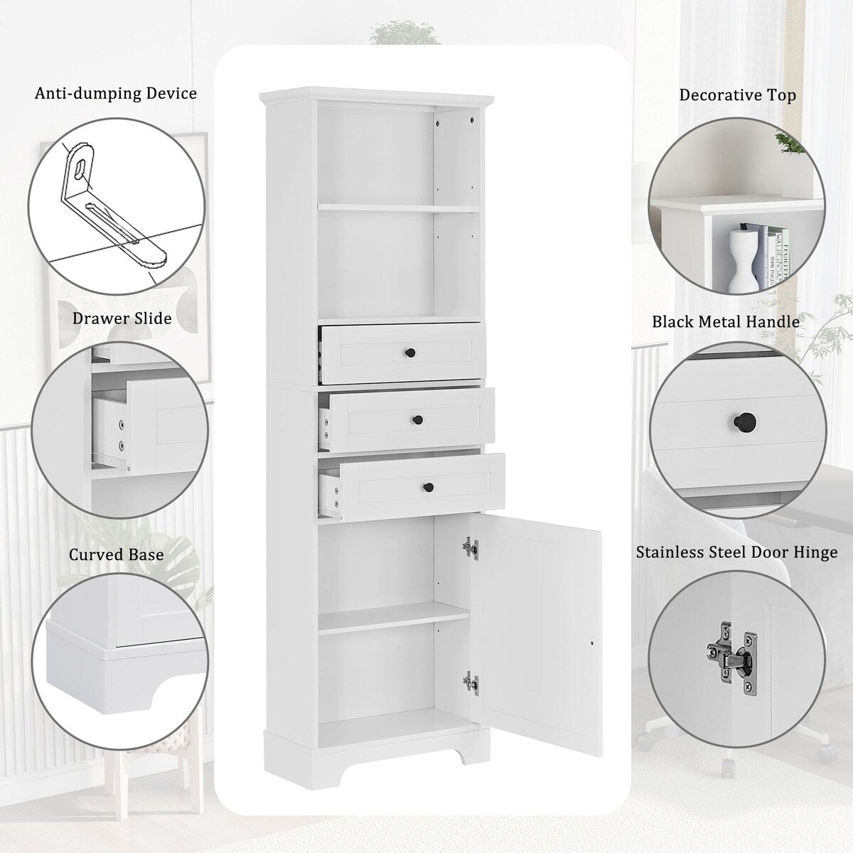 68" Tall Freestanding Bathroom Cabinet with 3 Drawers and Adjustable Shelves