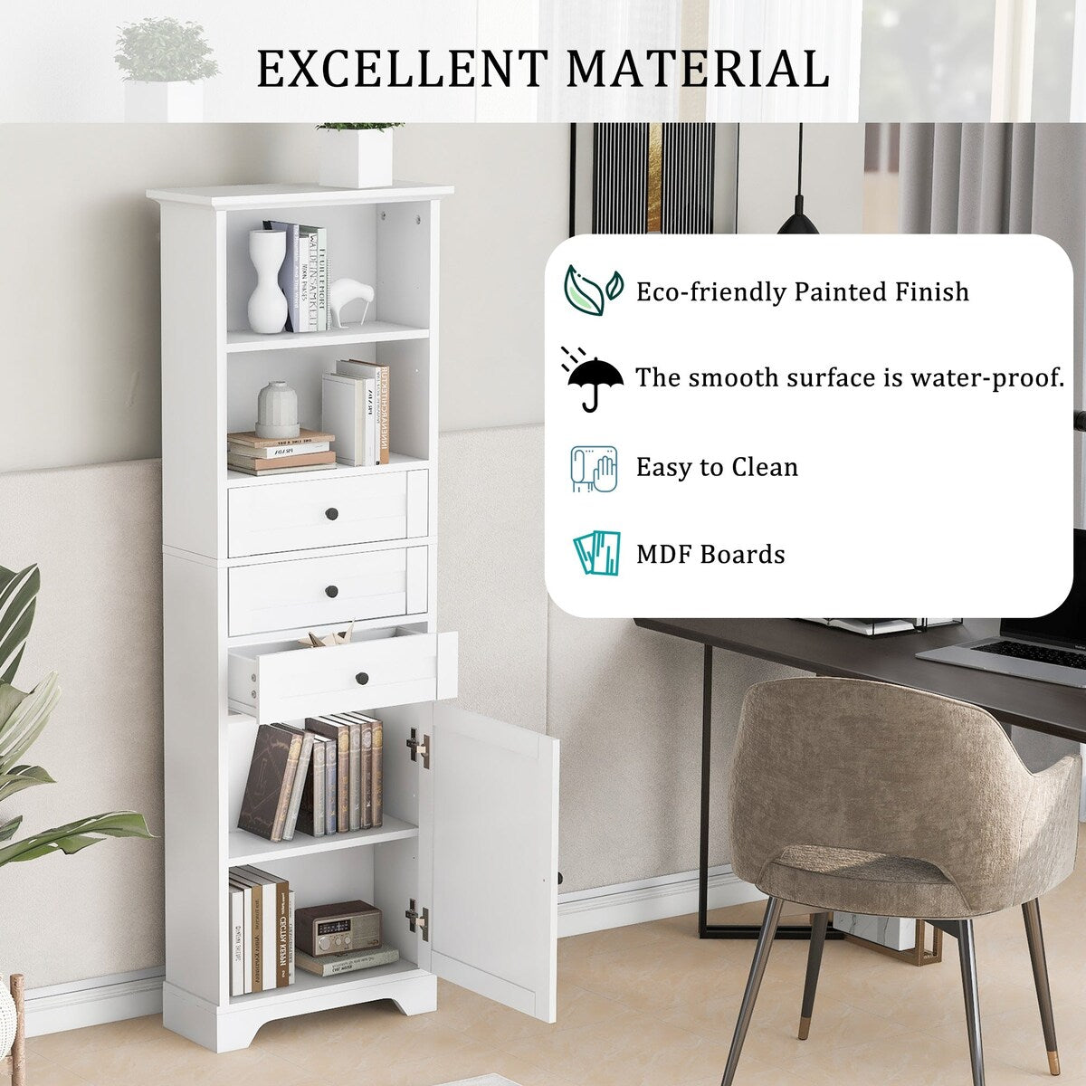 68" Tall Freestanding Bathroom Cabinet with 3 Drawers and Adjustable Shelves
