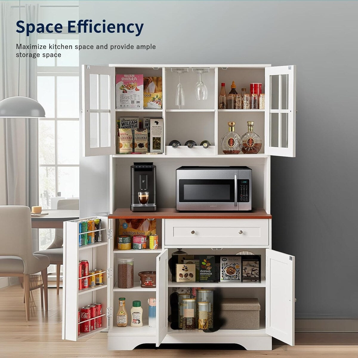 68” kitchen Pantry Cabinet with Charging Station and Microwave Stand