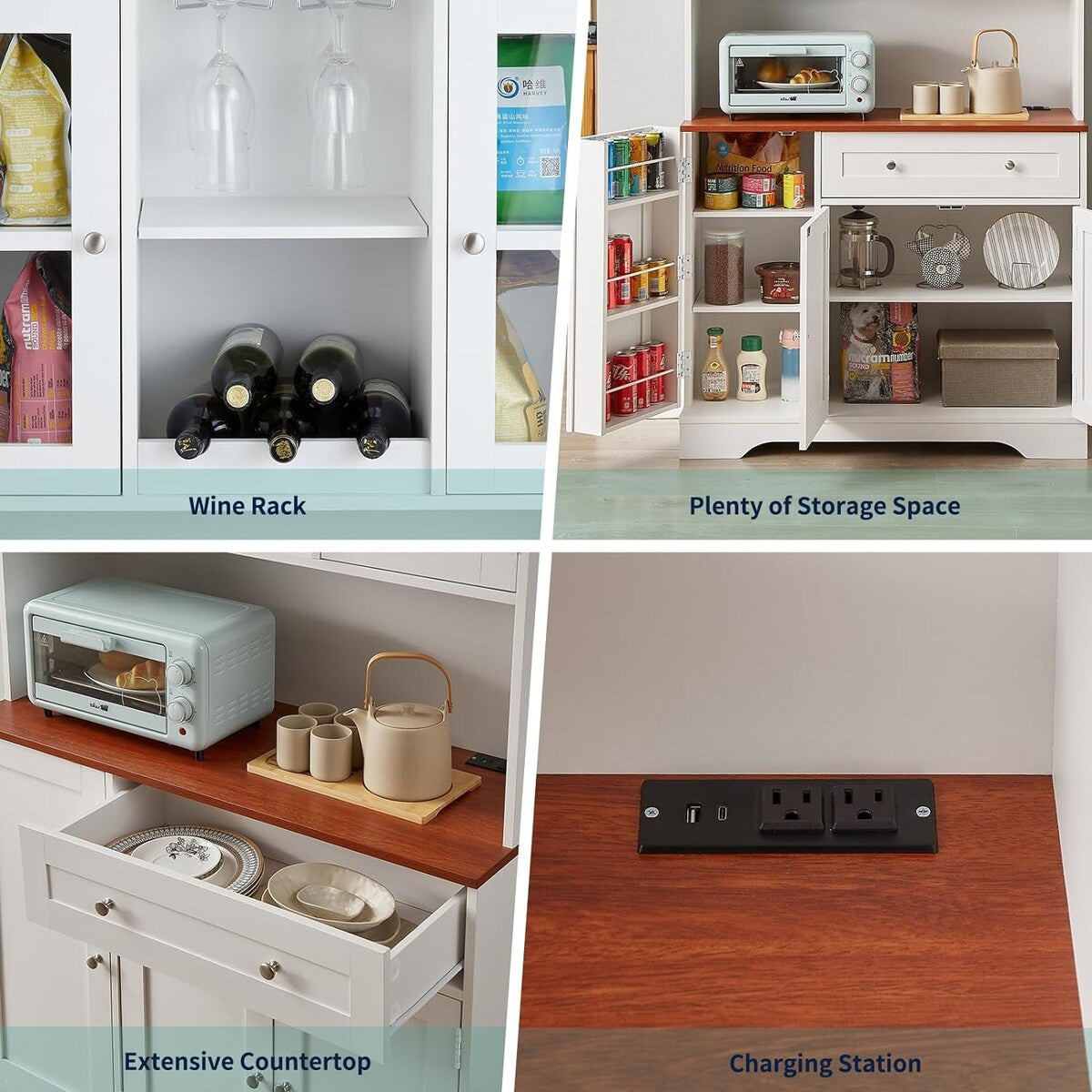 68” kitchen Pantry Cabinet with Charging Station and Microwave Stand