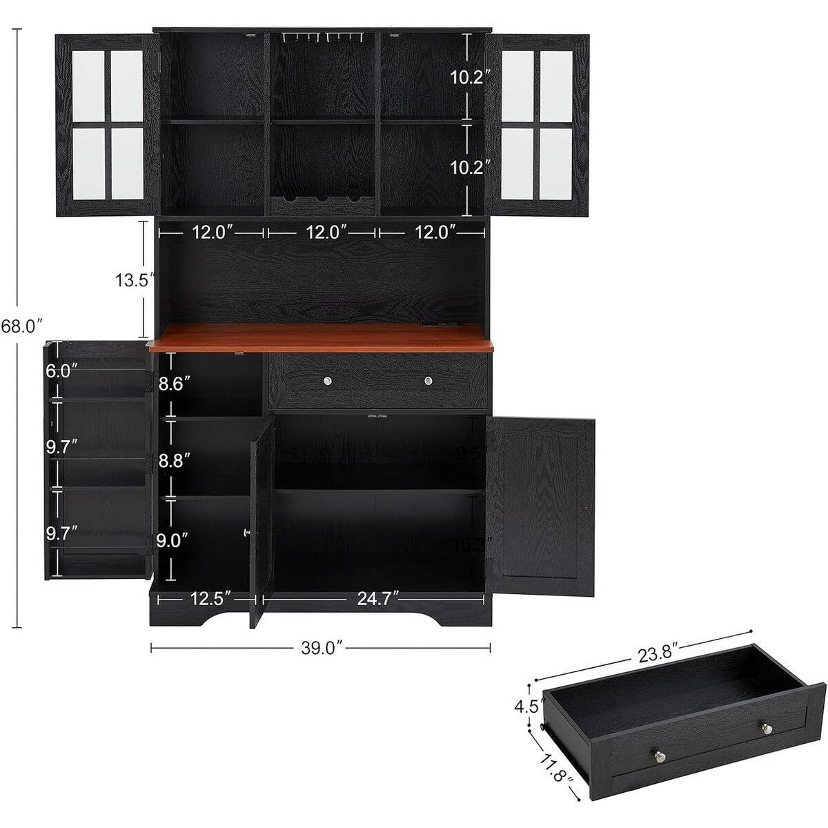 68” kitchen Pantry Cabinet with Charging Station and Microwave Stand