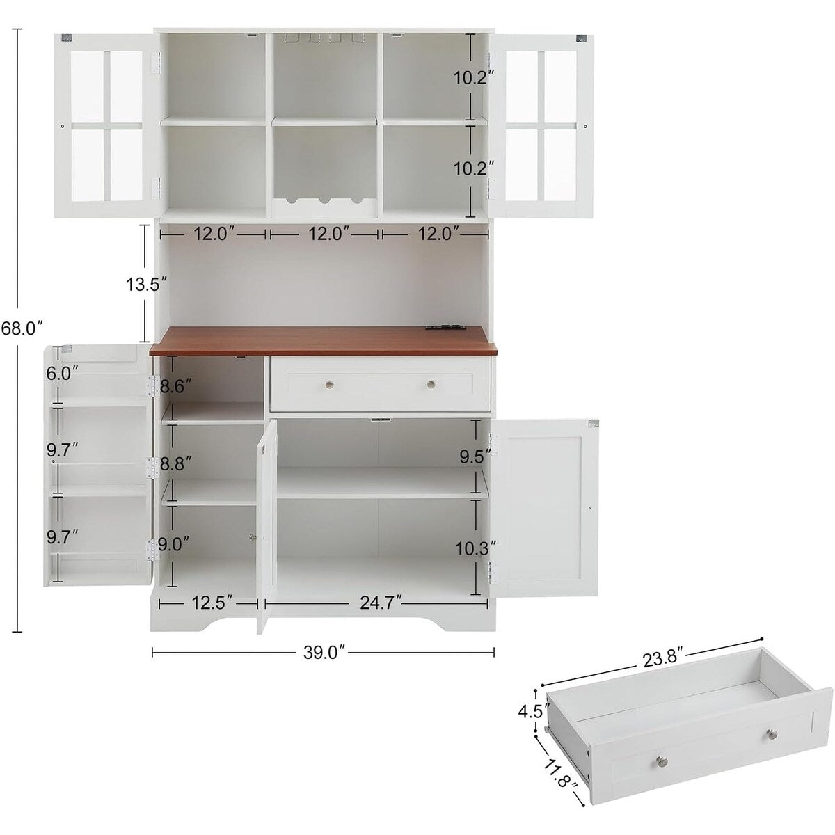 68” kitchen Pantry Cabinet with Charging Station and Microwave Stand