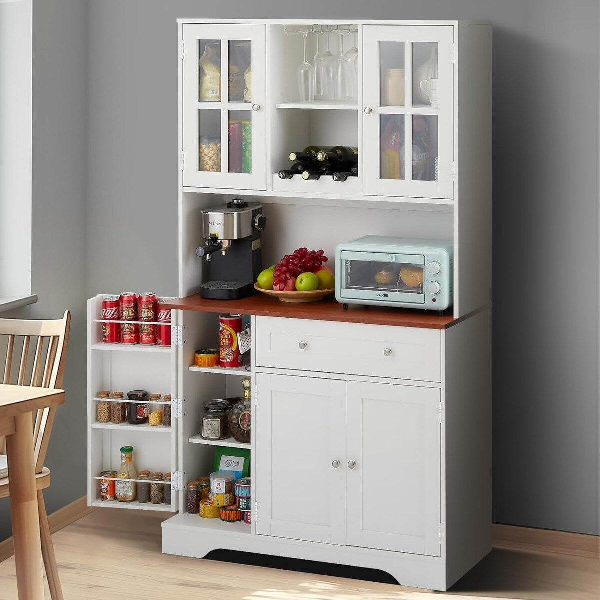 68” kitchen Pantry Cabinet with Charging Station and Microwave Stand