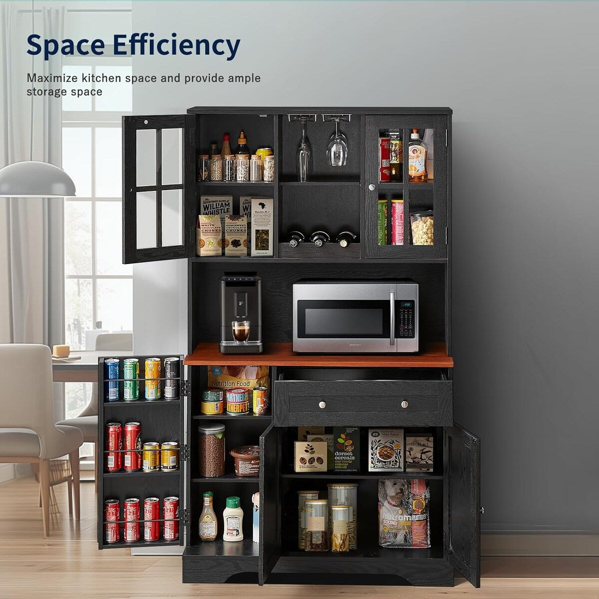 68” kitchen Pantry Cabinet with Charging Station and Microwave Stand