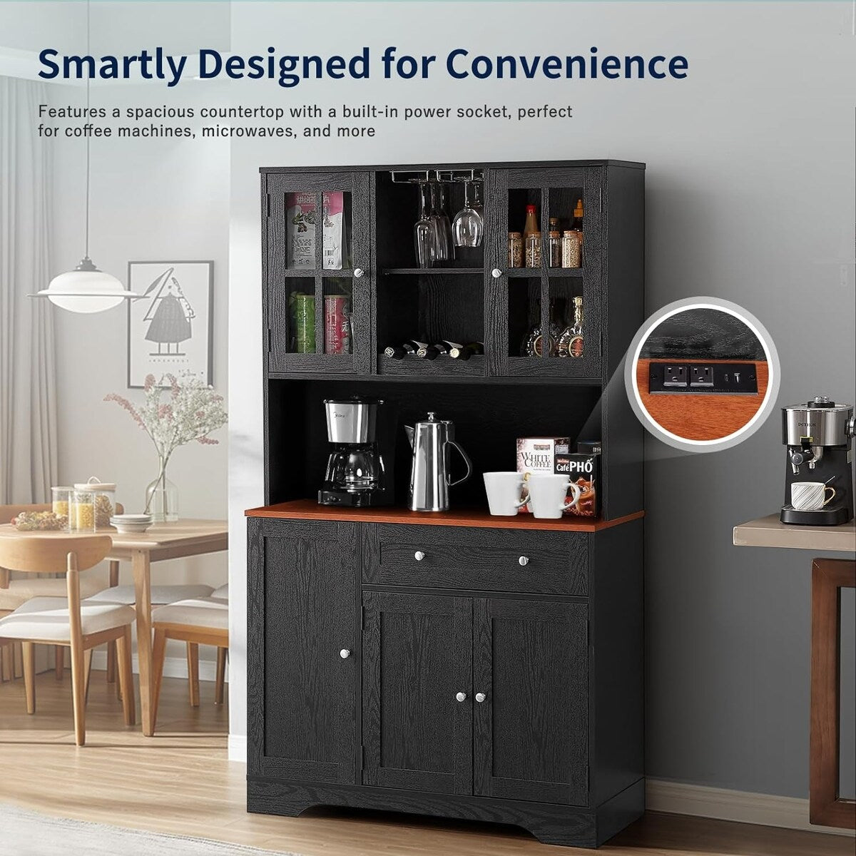 68” kitchen Pantry Cabinet with Charging Station and Microwave Stand