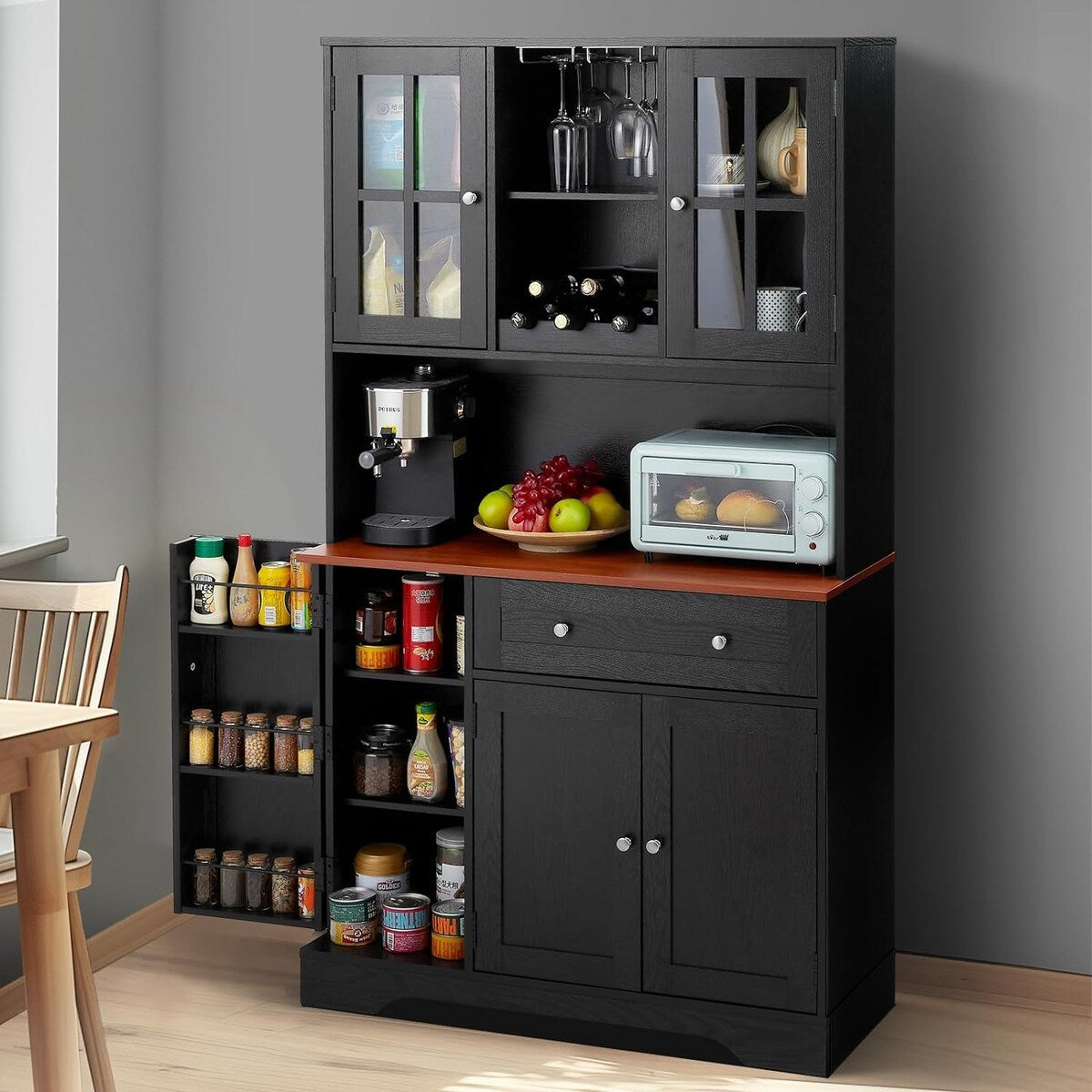 68” kitchen Pantry Cabinet with Charging Station and Microwave Stand