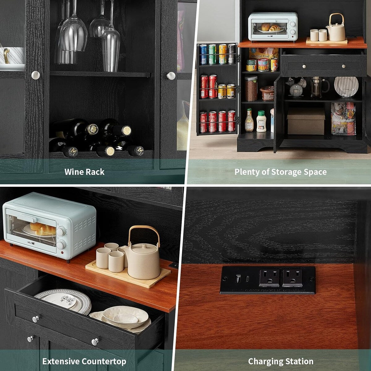 68” kitchen Pantry Cabinet with Charging Station and Microwave Stand