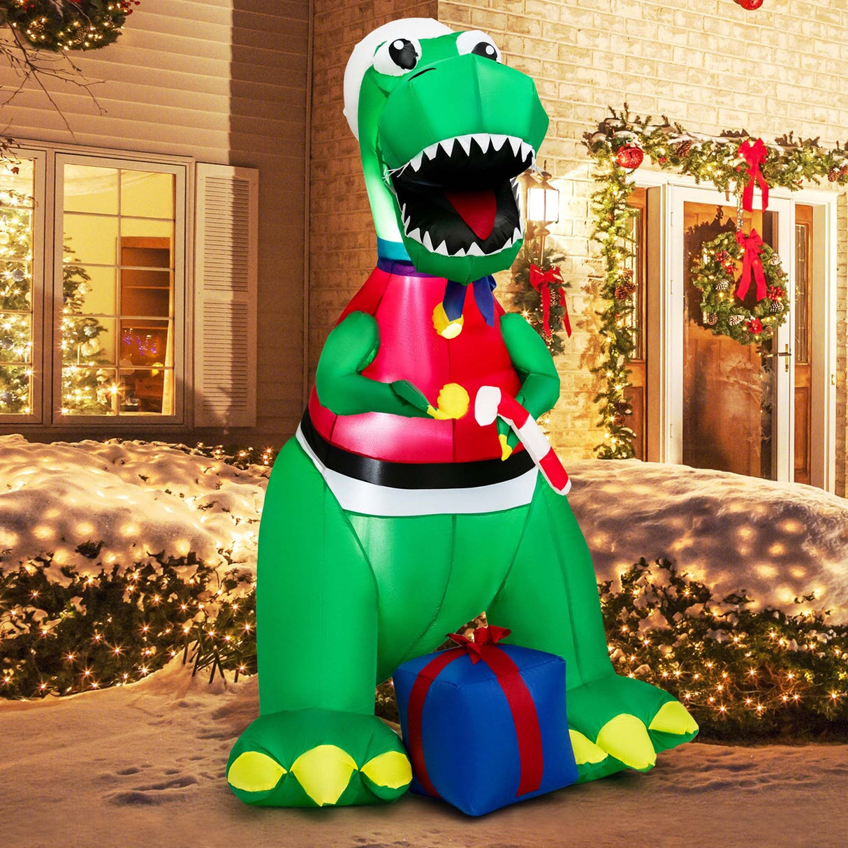 6FT Inflatable Christmas Dinosaur Decoration w/ LED Lights & Gift Box