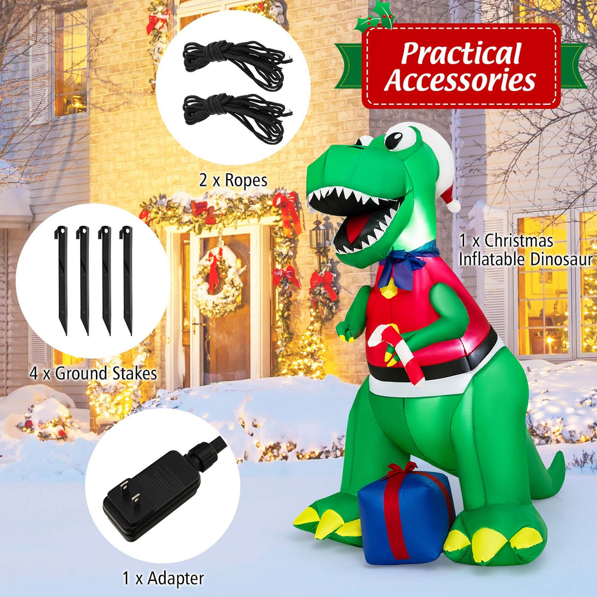 6FT Inflatable Christmas Dinosaur Decoration w/ LED Lights & Gift Box