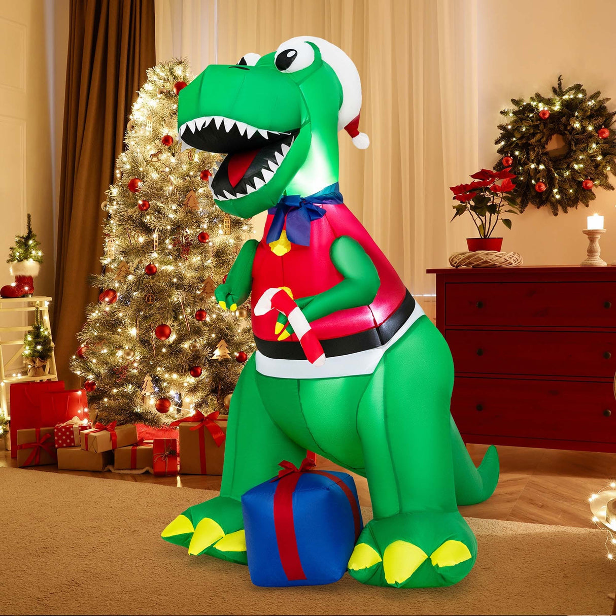 6FT Inflatable Christmas Dinosaur Decoration w/ LED Lights & Gift Box