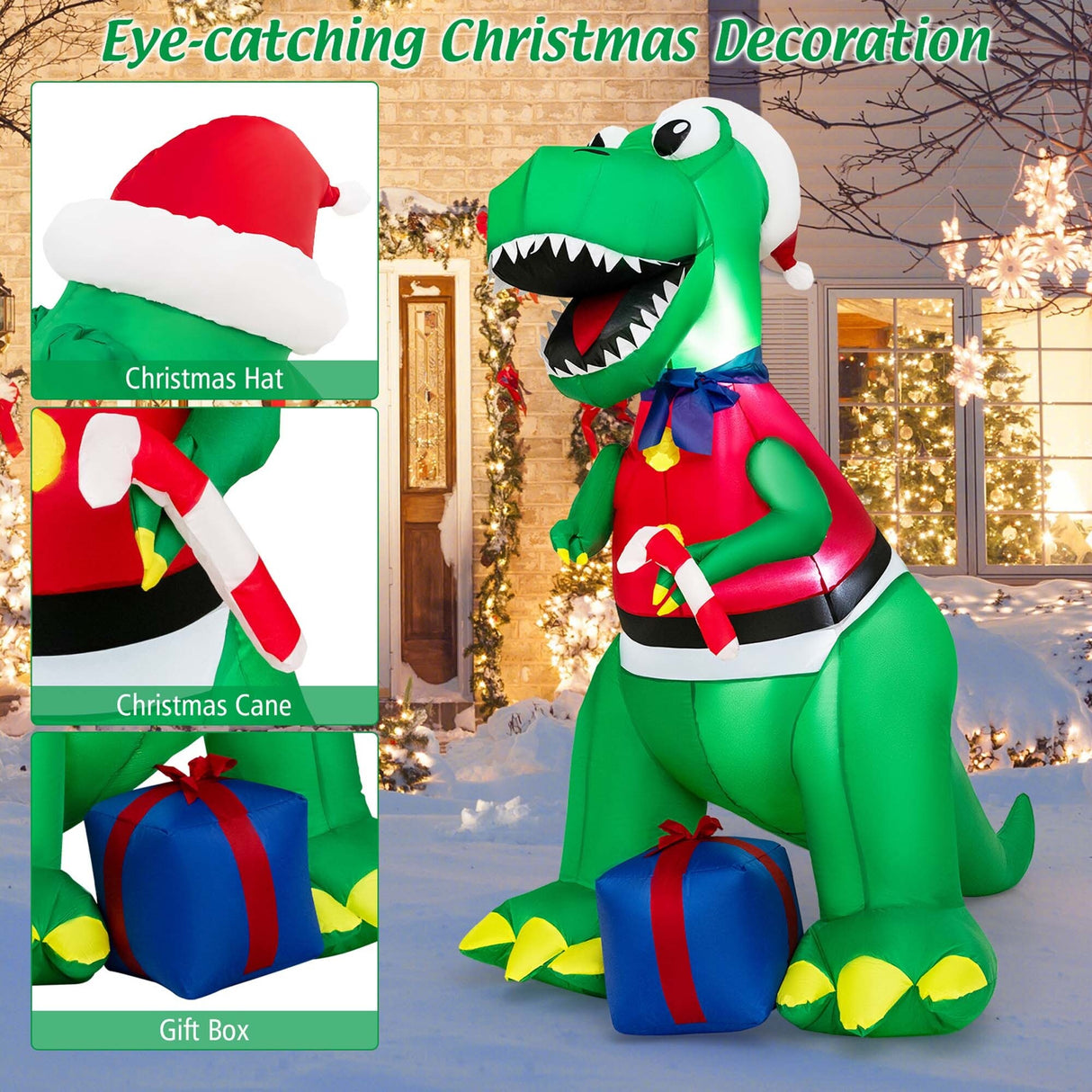 6FT Inflatable Christmas Dinosaur Decoration w/ LED Lights & Gift Box