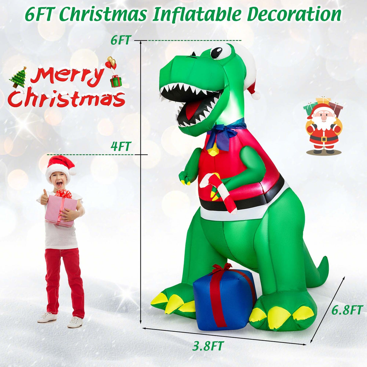 6FT Inflatable Christmas Dinosaur Decoration w/ LED Lights & Gift Box