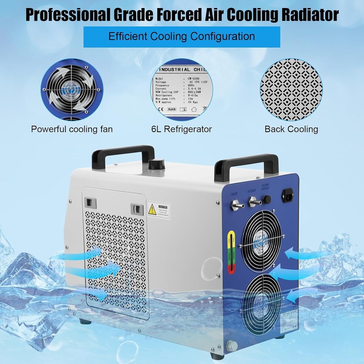 6L Industrial Water Chiller CW-5200, 0.9hp 2.6gpm Water Cooling System