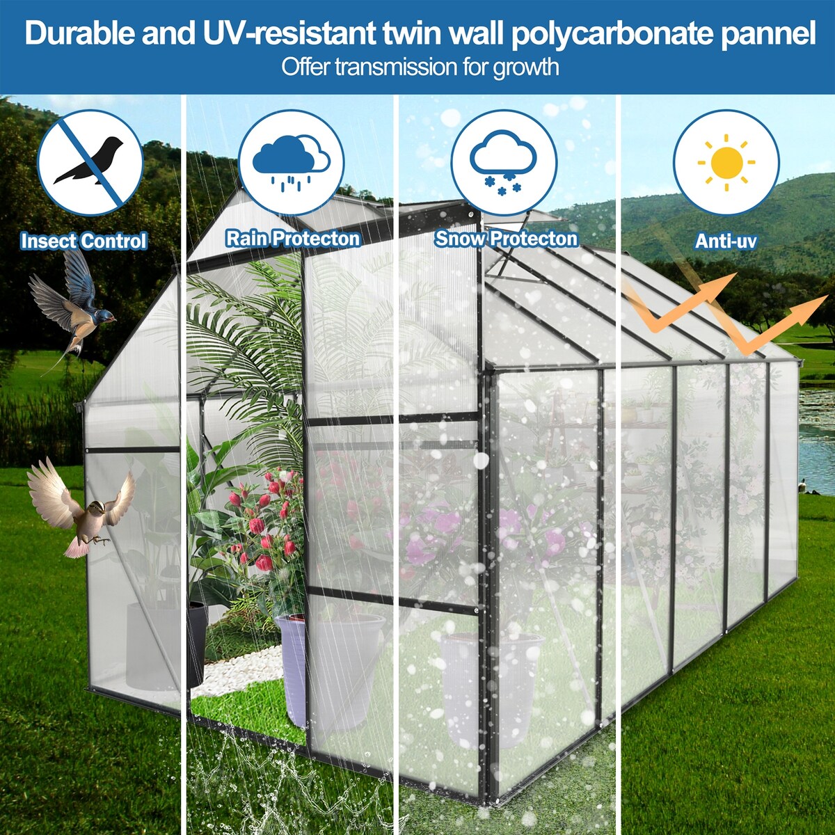 6X10FT Polycarbonate Greenhouse Raised Base and Anchor Aluminum Duty Walk-in Greenhouses for Outdoor Backyard in All Season