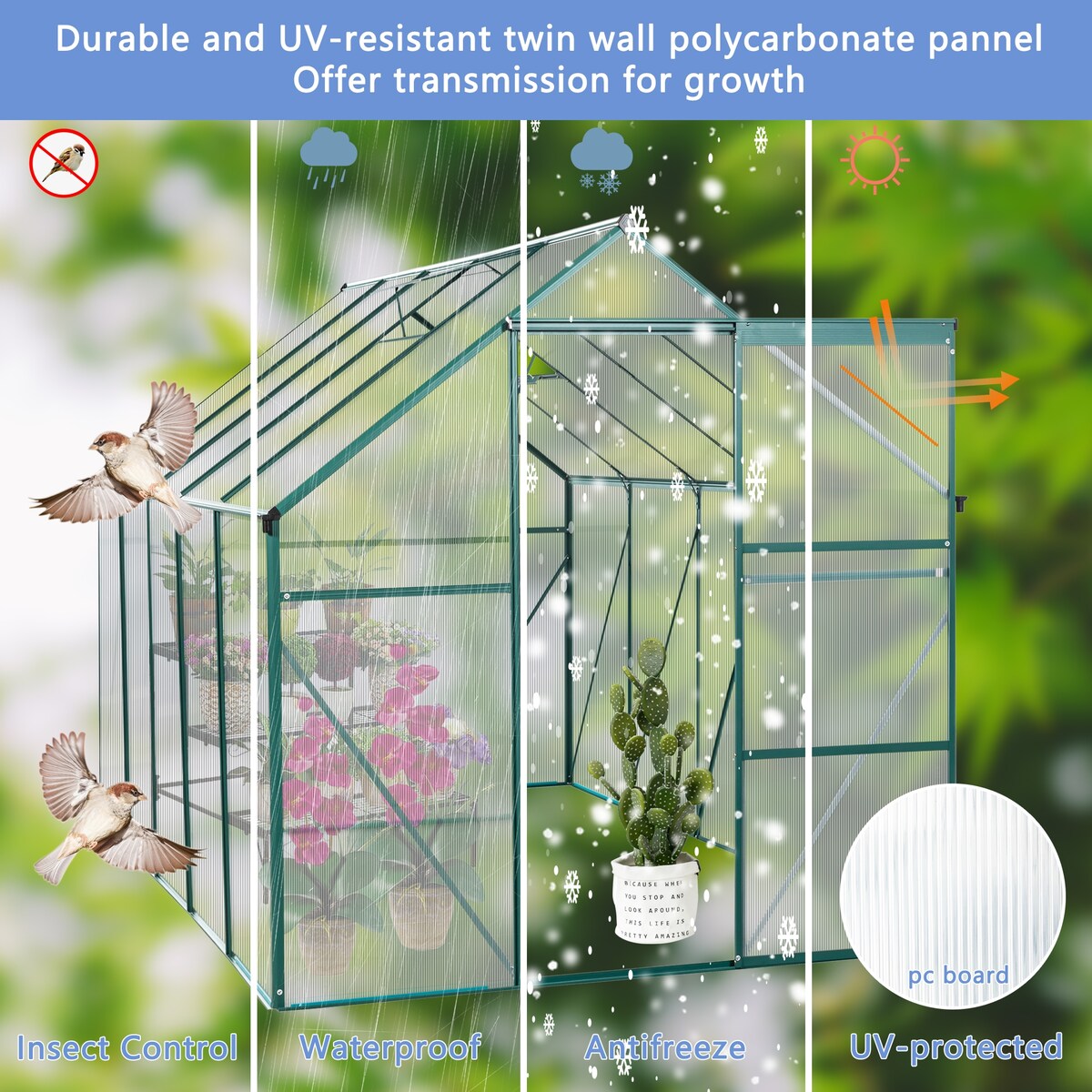 6X10FT Polycarbonate Greenhouse Raised Base and Anchor Aluminum Duty Walk-in Greenhouses for Outdoor Backyard in All Season