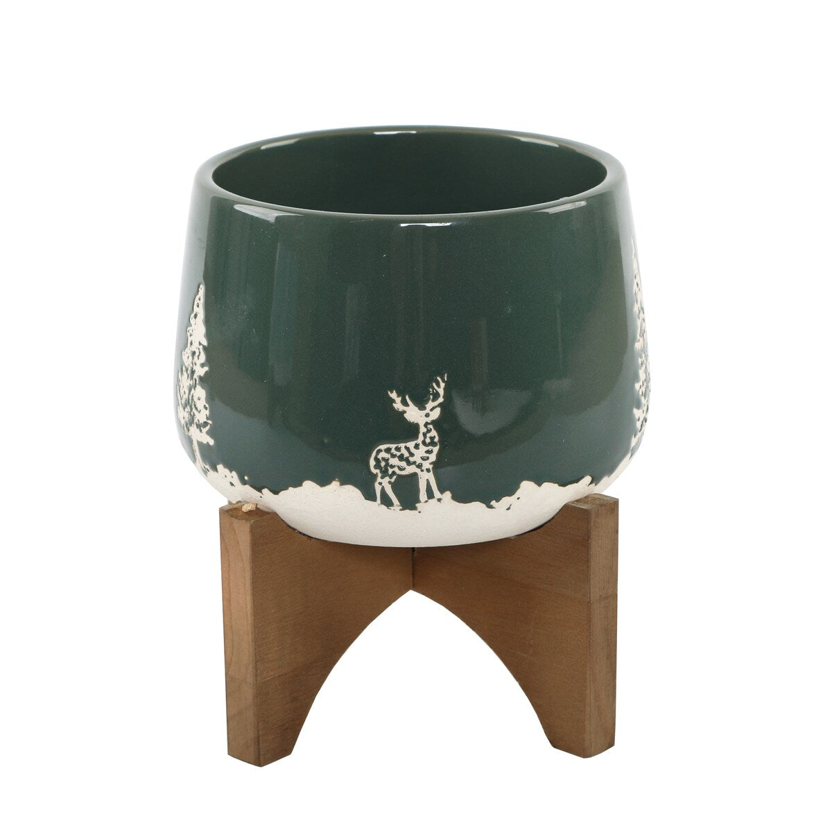 6" Ceramic Christmas Planter on Wood Stand