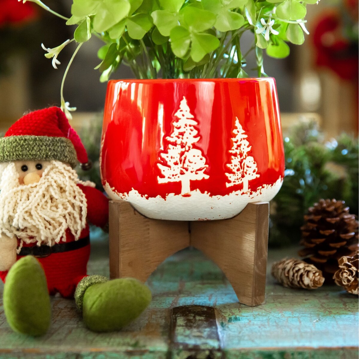 6" Ceramic Christmas Planter on Wood Stand