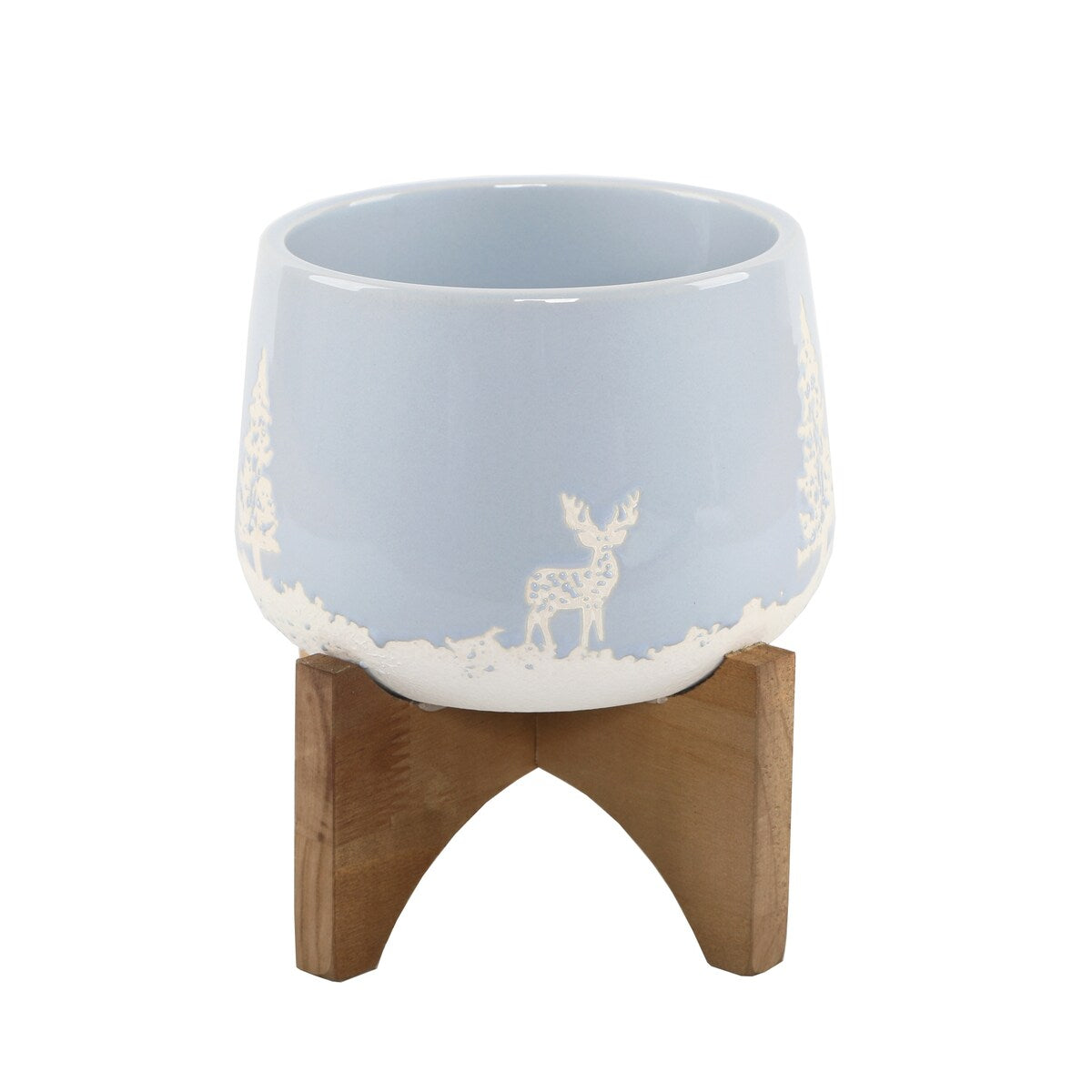 6" Ceramic Christmas Planter on Wood Stand