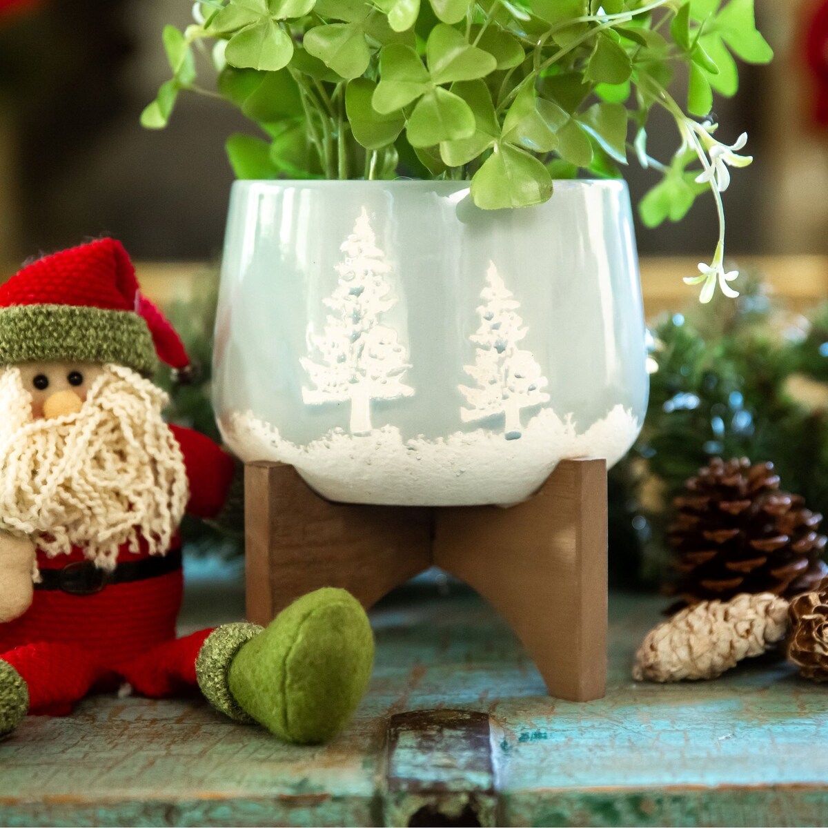 6" Ceramic Christmas Planter on Wood Stand