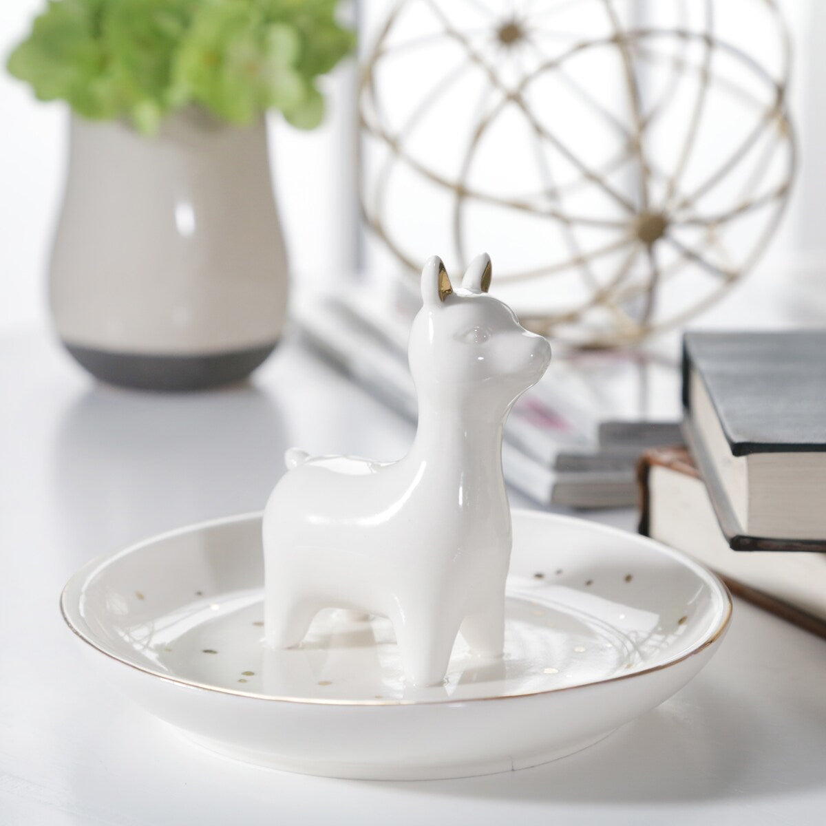 6" Trinket Tray, Llama, White 3.0"H - 6.0" x 6.0" x 3.0"