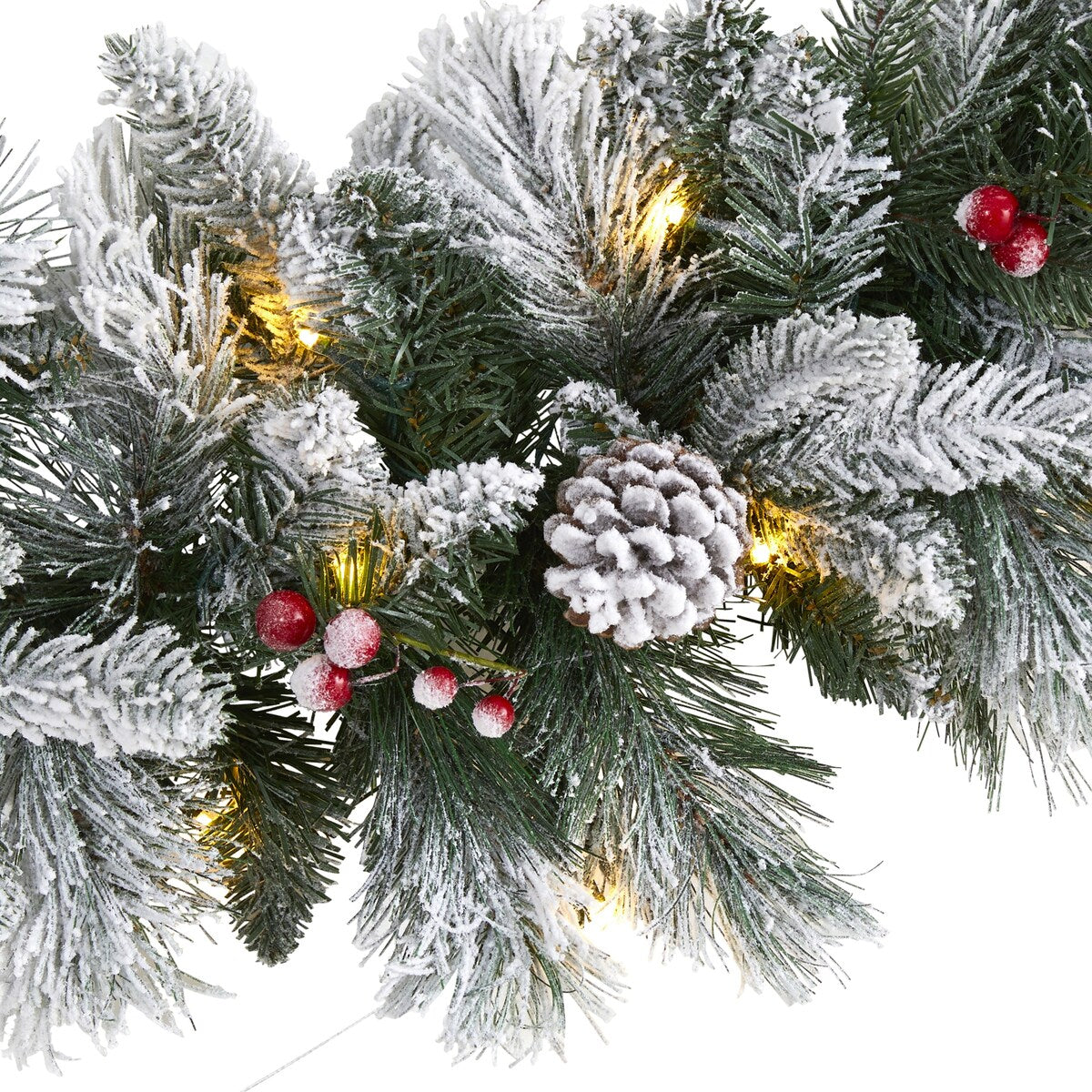 6' Flocked Mixed Pine Artificial Christmas Garland with 50 LED Lights, Pine Cones and Berries - 72