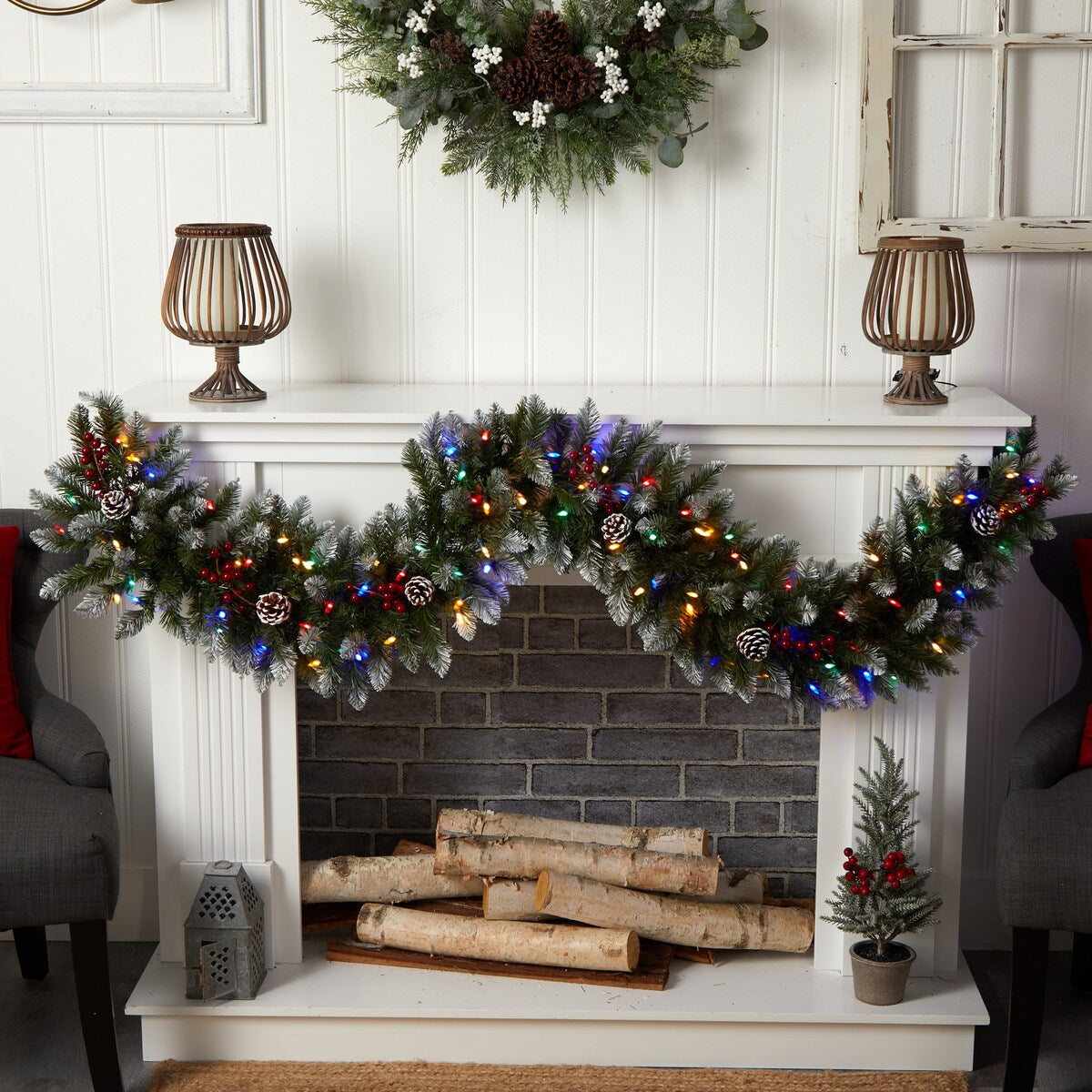 6' Snow Tipped Extra Wide Artificial Christmas Garland with Pinecones, Berries and 100 Multicolor LED Lights - 72