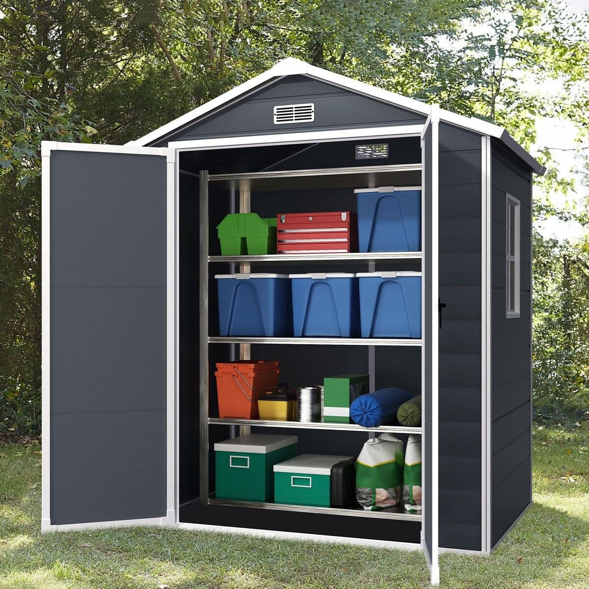 6x4.4FT Outdoor Resin Plastic Storage Shed with Floor, Lockable Doors