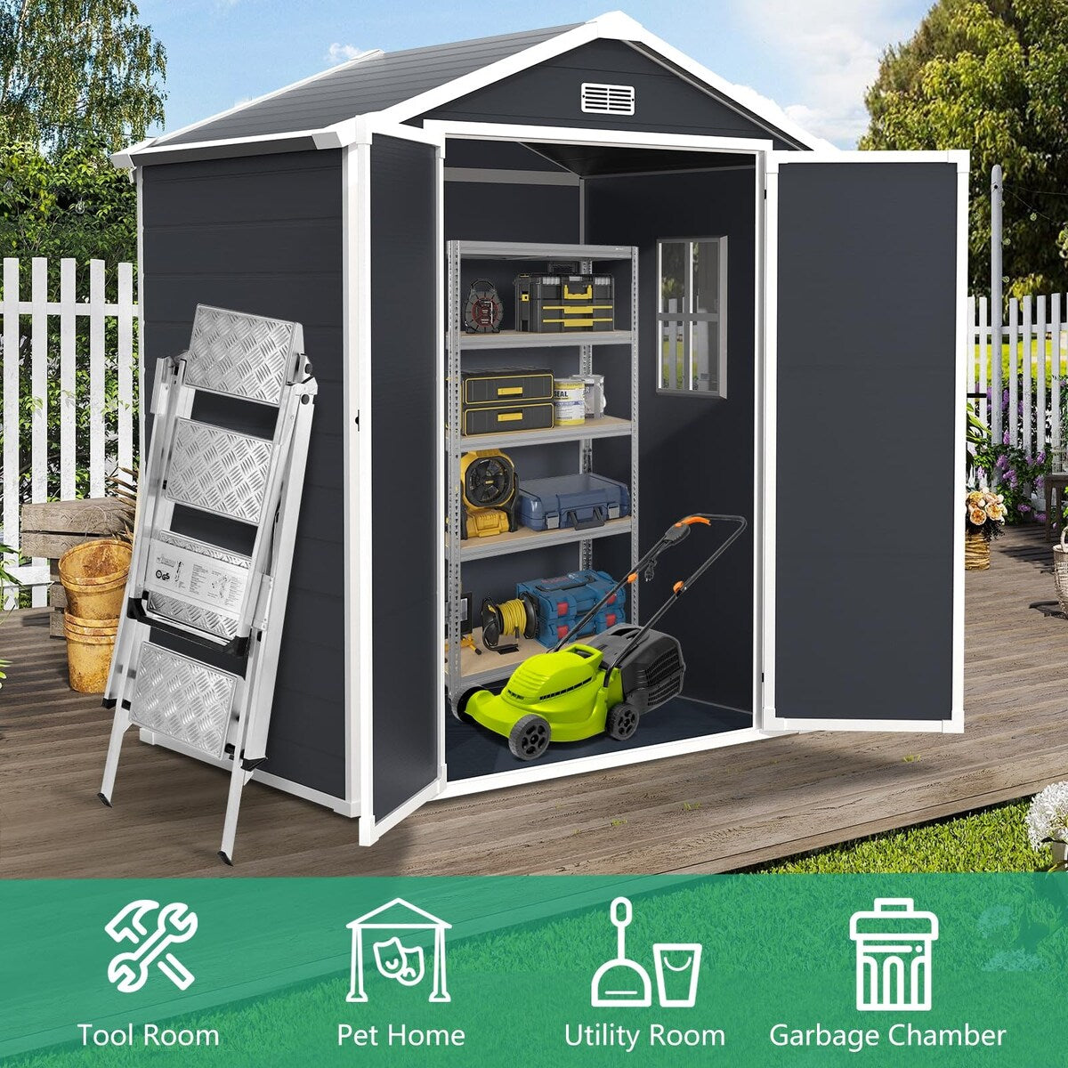 6x4.4FT Outdoor Resin Plastic Storage Shed with Floor, Lockable Doors