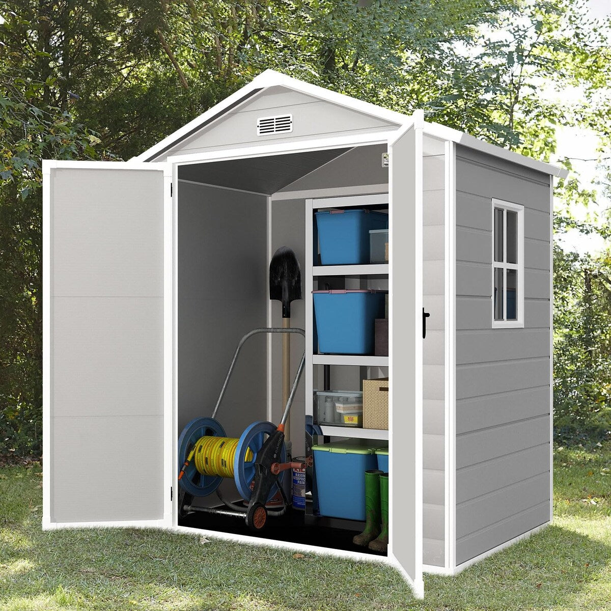 6x4.4FT Outdoor Resin Plastic Storage Shed with Floor, Lockable Doors