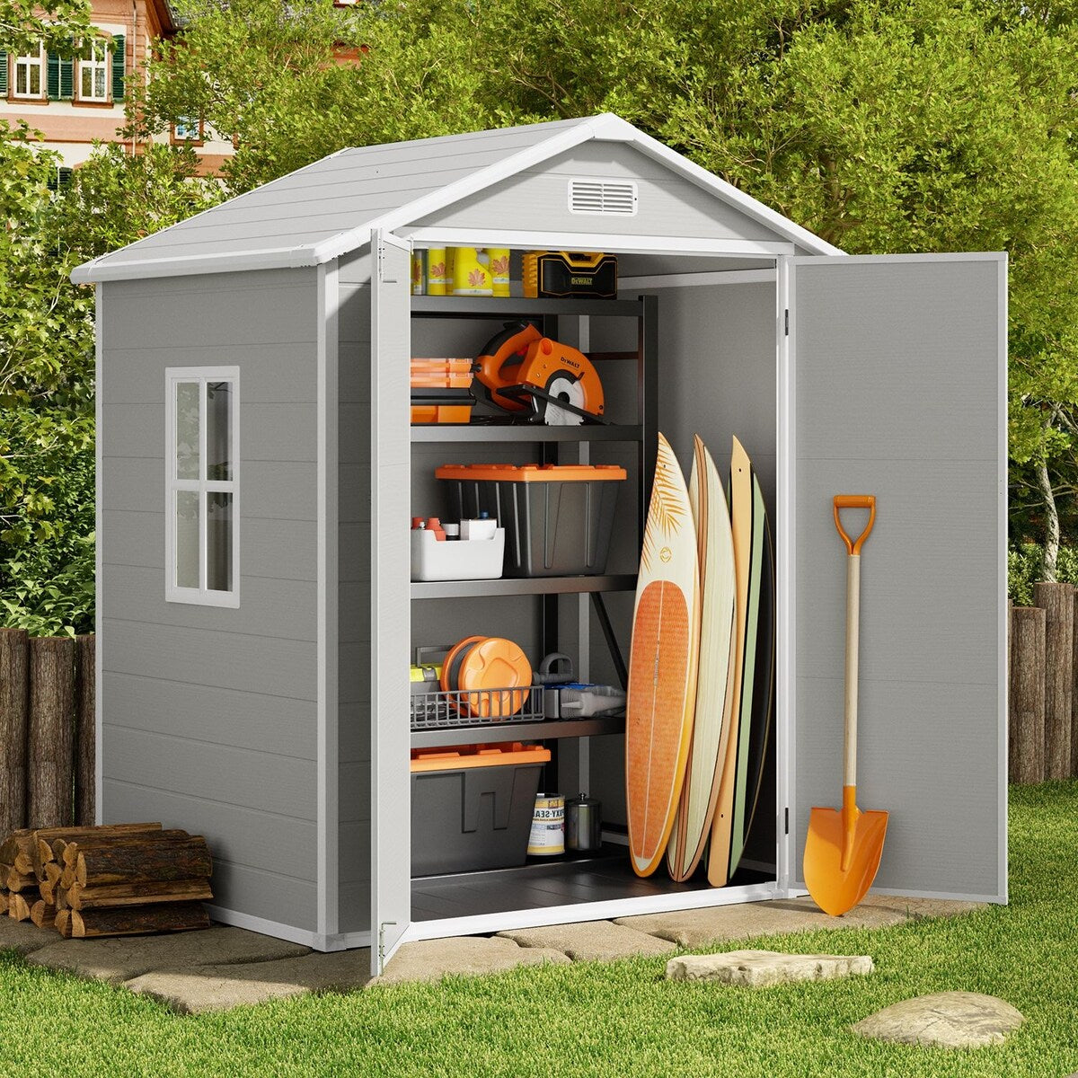 6x4.4FT Outdoor Resin Plastic Storage Shed with Floor, Lockable Doors