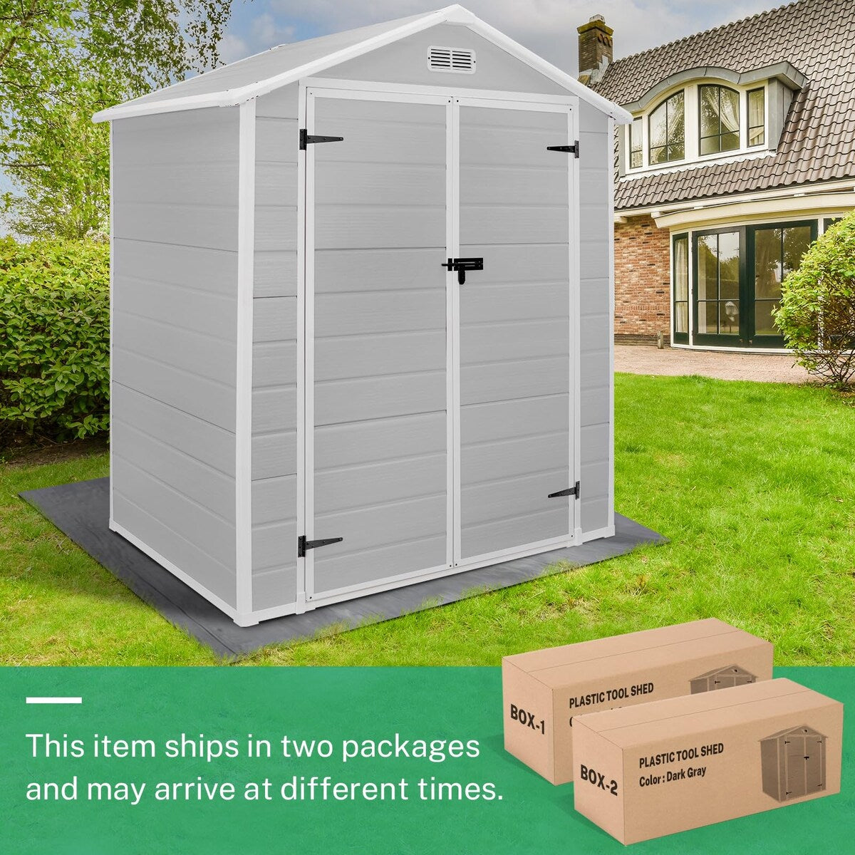 6x4.4FT Outdoor Resin Plastic Storage Shed with Floor, Lockable Doors