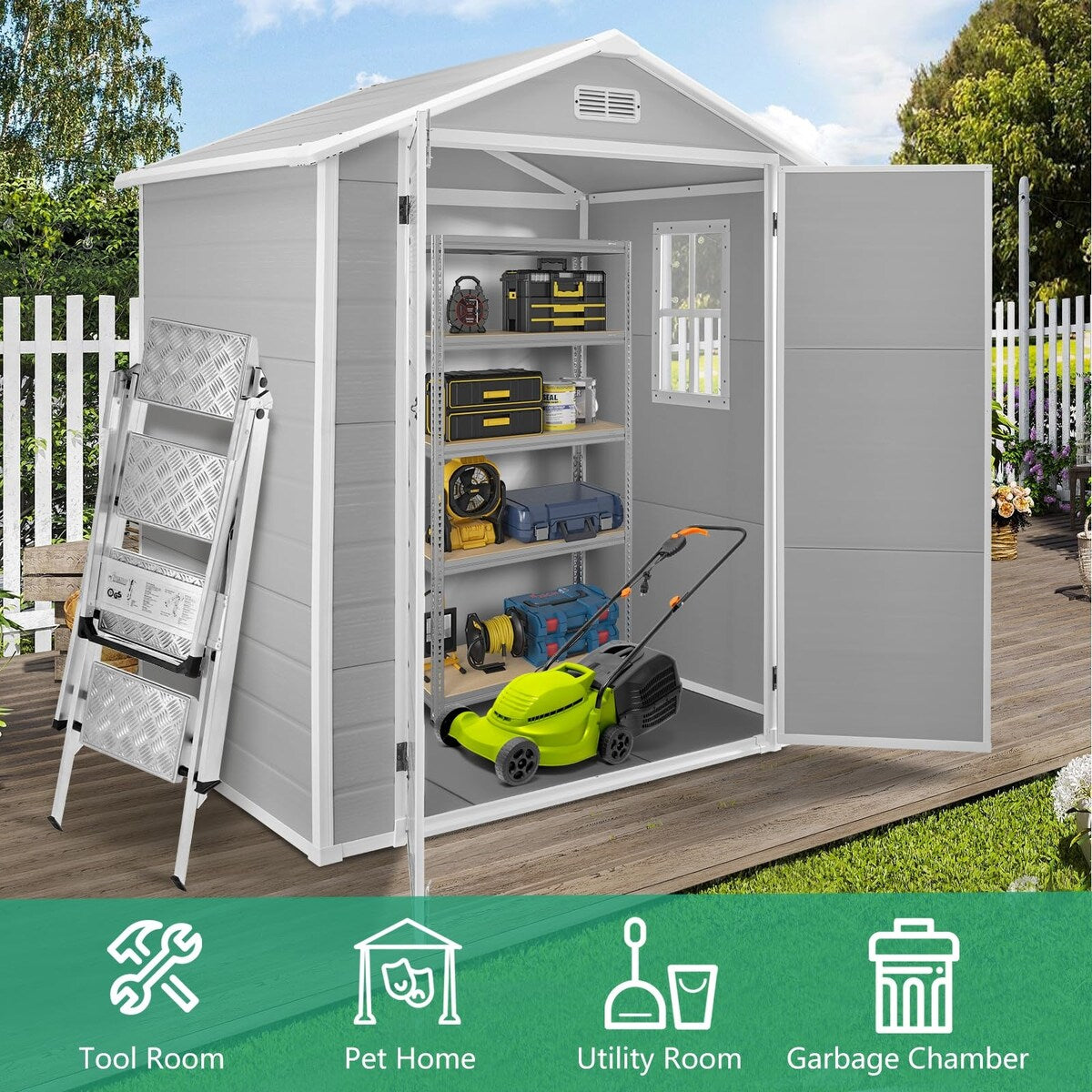 6x4.4FT Outdoor Resin Plastic Storage Shed with Floor, Lockable Doors