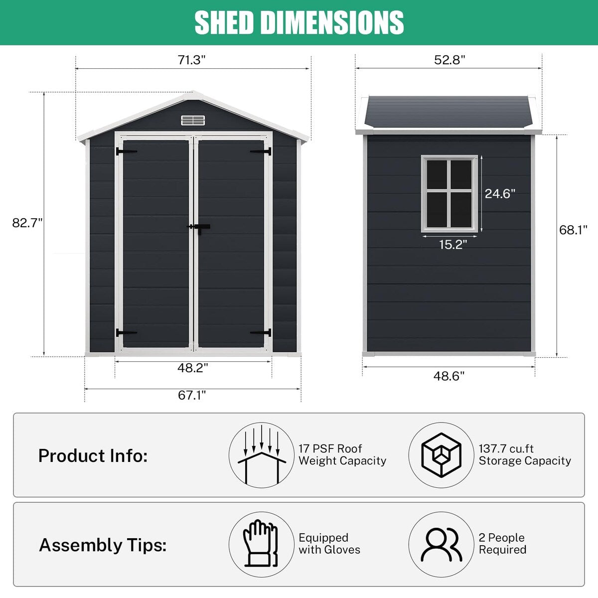 6x4.4FT Outdoor Resin Plastic Storage Shed with Floor, Lockable Doors