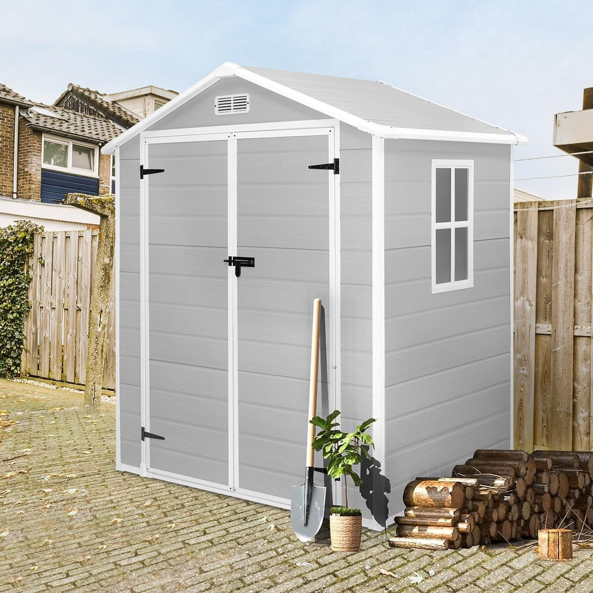 6x4.4FT Outdoor Resin Plastic Storage Shed with Floor, Lockable Doors