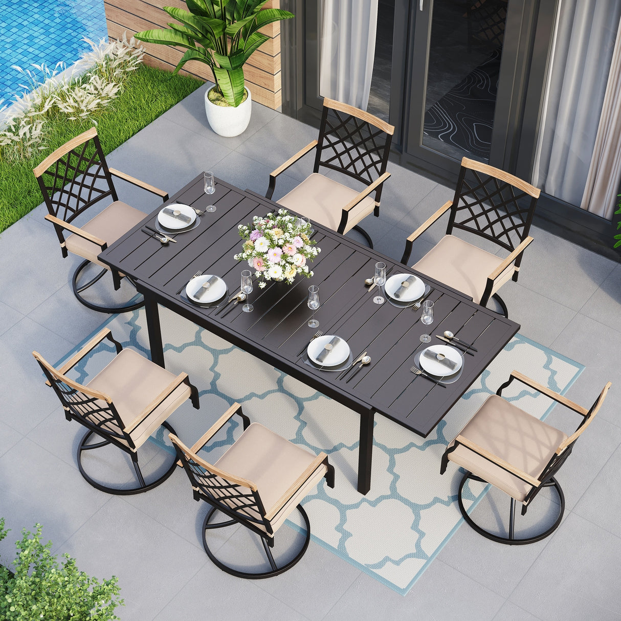 MAISON ARTS 7/9-Piece Outdoor Patio Dining Set, 6/8 Metal Swivel Dining Chairs, 1 Rectangular Expandable Table