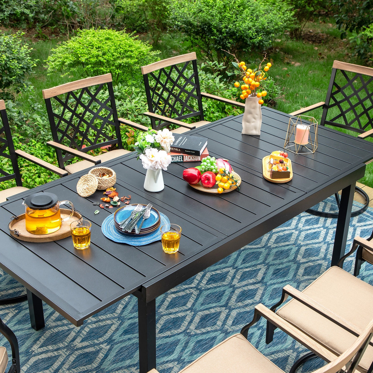 MAISON ARTS 7/9-Piece Outdoor Patio Dining Set, 6/8 Metal Swivel Dining Chairs, 1 Rectangular Expandable Table