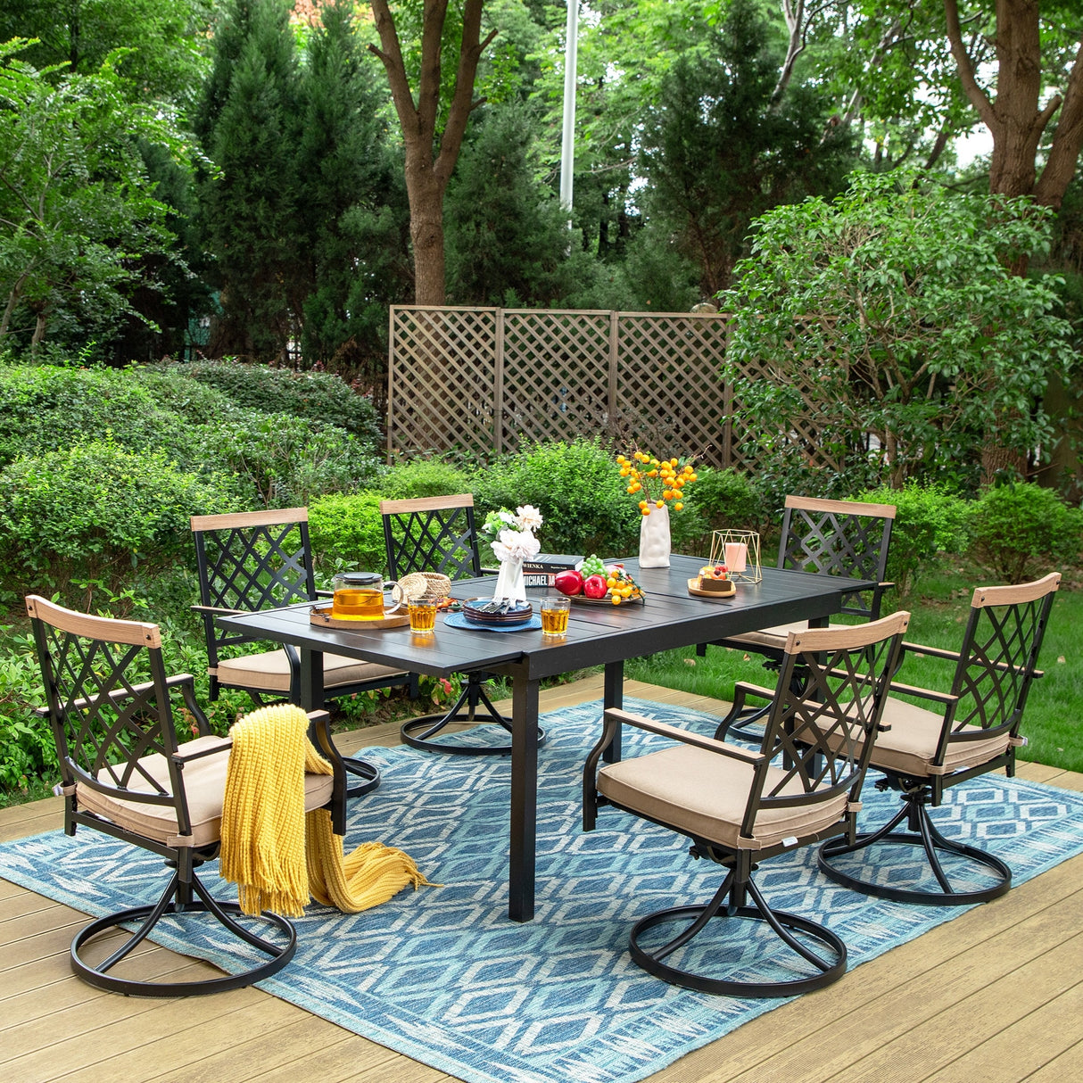 MAISON ARTS 7/9-Piece Outdoor Patio Dining Set, 6/8 Metal Swivel Dining Chairs, 1 Rectangular Expandable Table