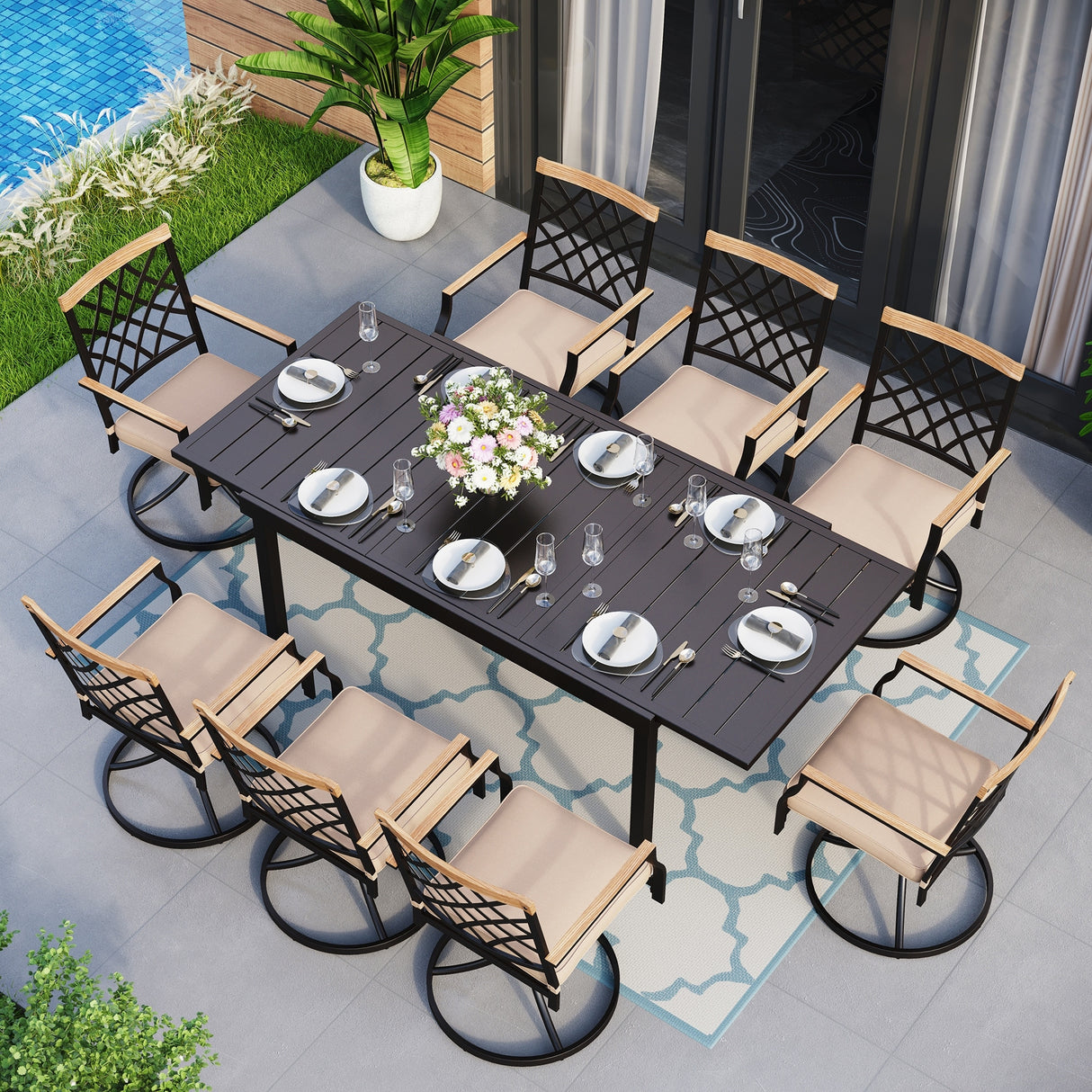 MAISON ARTS 7/9-Piece Outdoor Patio Dining Set, 6/8 Metal Swivel Dining Chairs, 1 Rectangular Expandable Table