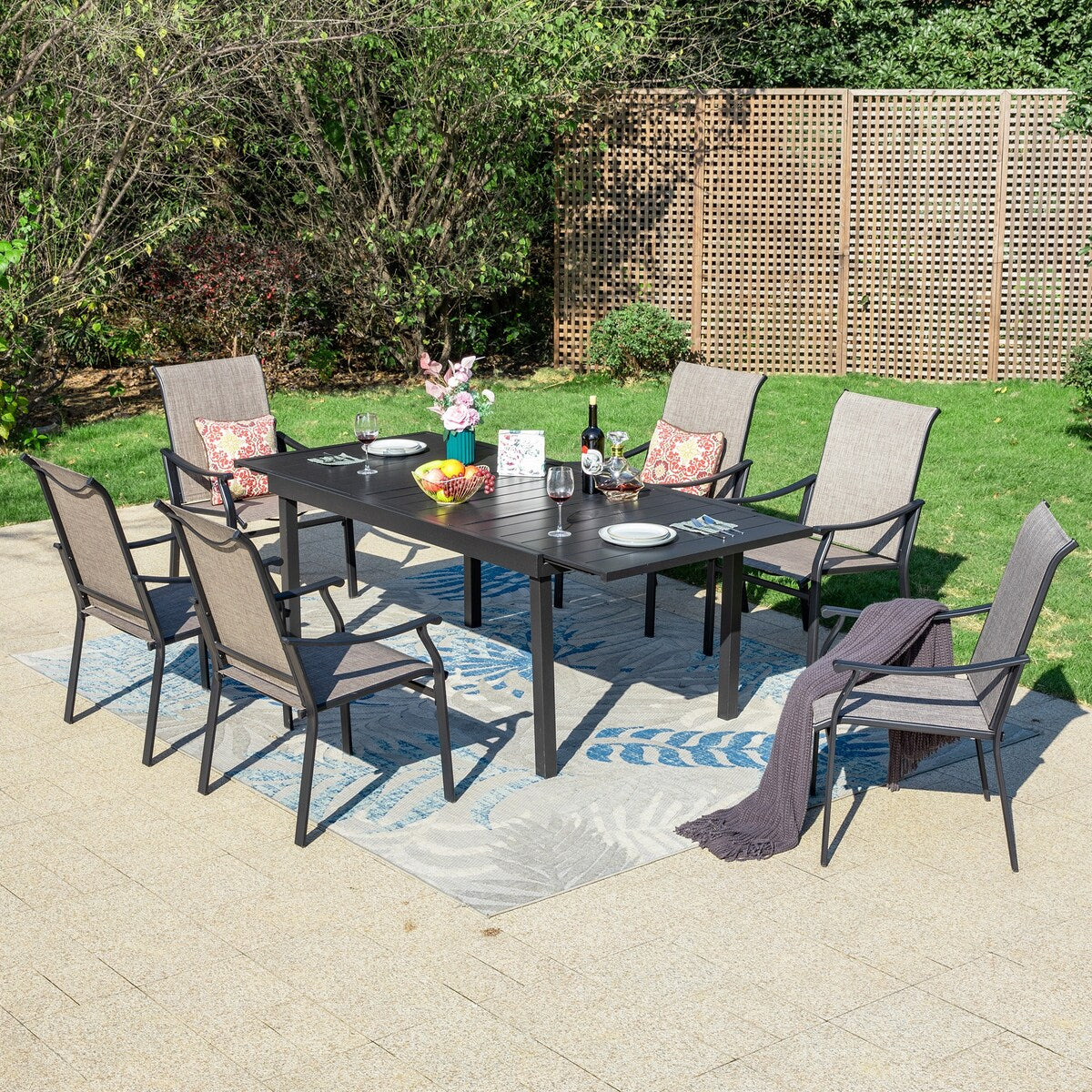 MAISON ARTS 7/9-Piece Patio Dining Set with Metal Expandable Table and Textilene Fabric Padded Armchairs